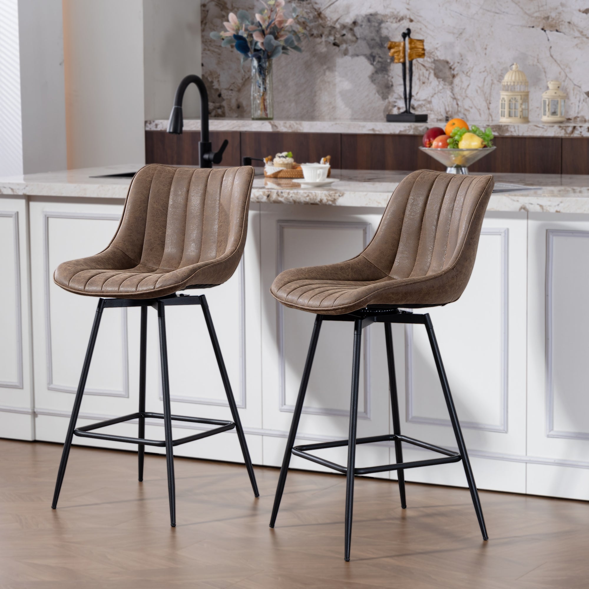 Swivel Bar Stools Set of 2, Textured Faux Leather Counter Stools with Backrest and Footrest, Height Adjustable Breakfast Chairs for Kitchen Island, Home Bar, Dining Room, Brown