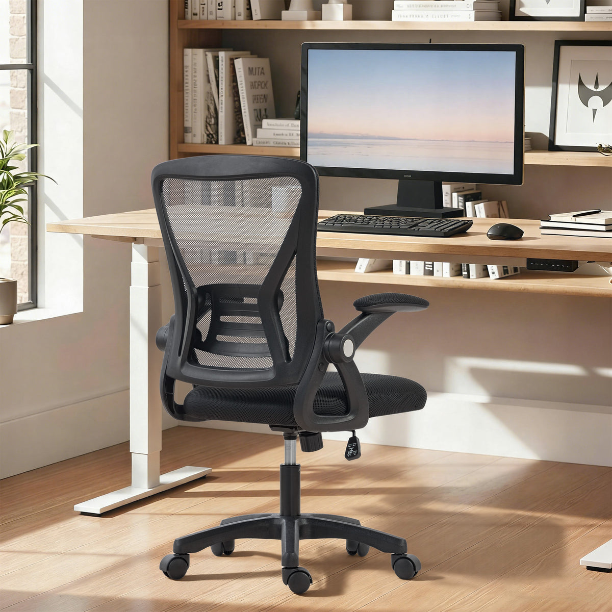 Ergonomic Office Chair, Mesh Desk Chair with Flip-up Armrests, Backrest, Lumbar Support, Adjustable Height, Swivel Wheels, Black