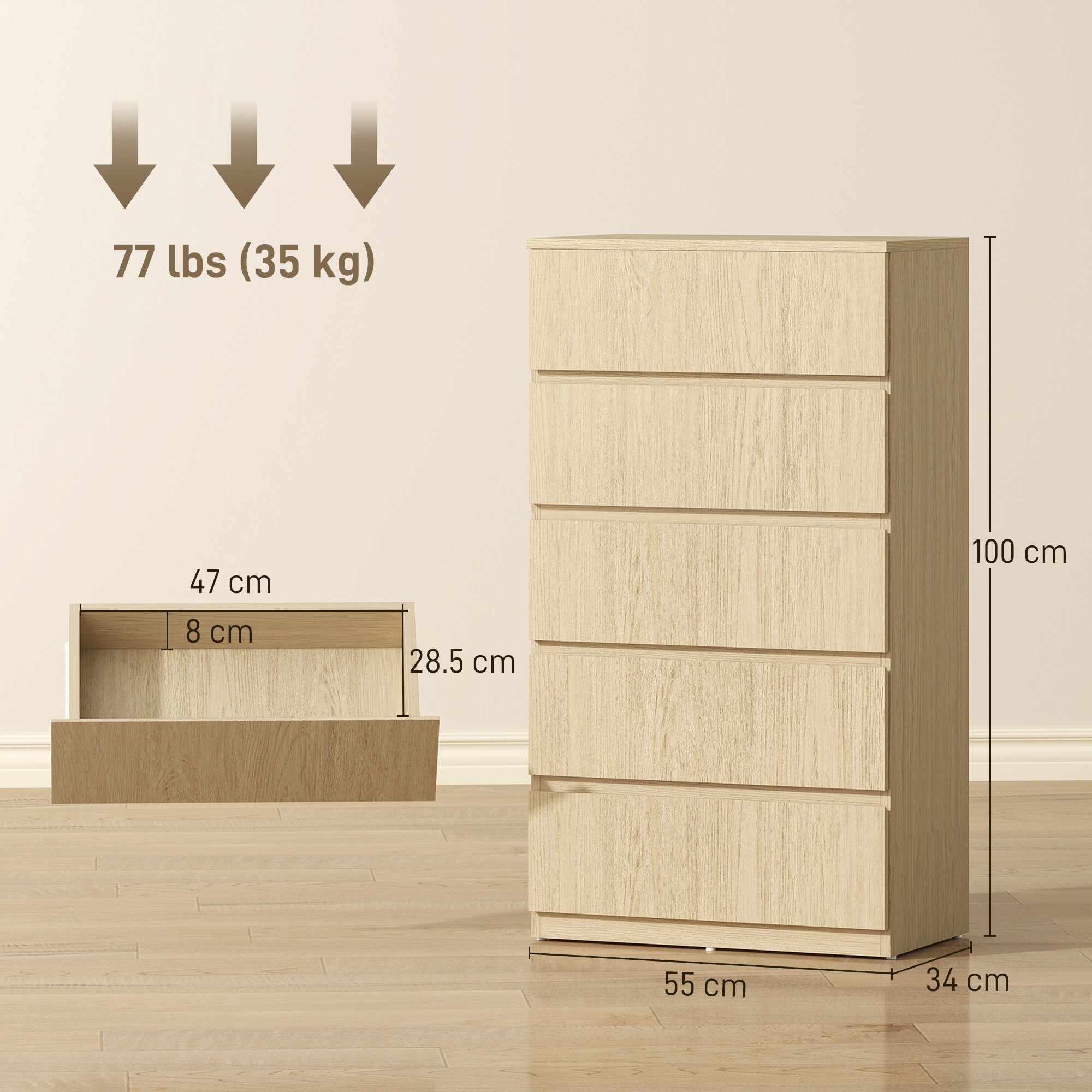 Chest of Drawers, 5 Drawers Storage Cabinet Floor Tower Cupboard for Bedroom Living Room, Natural Wood