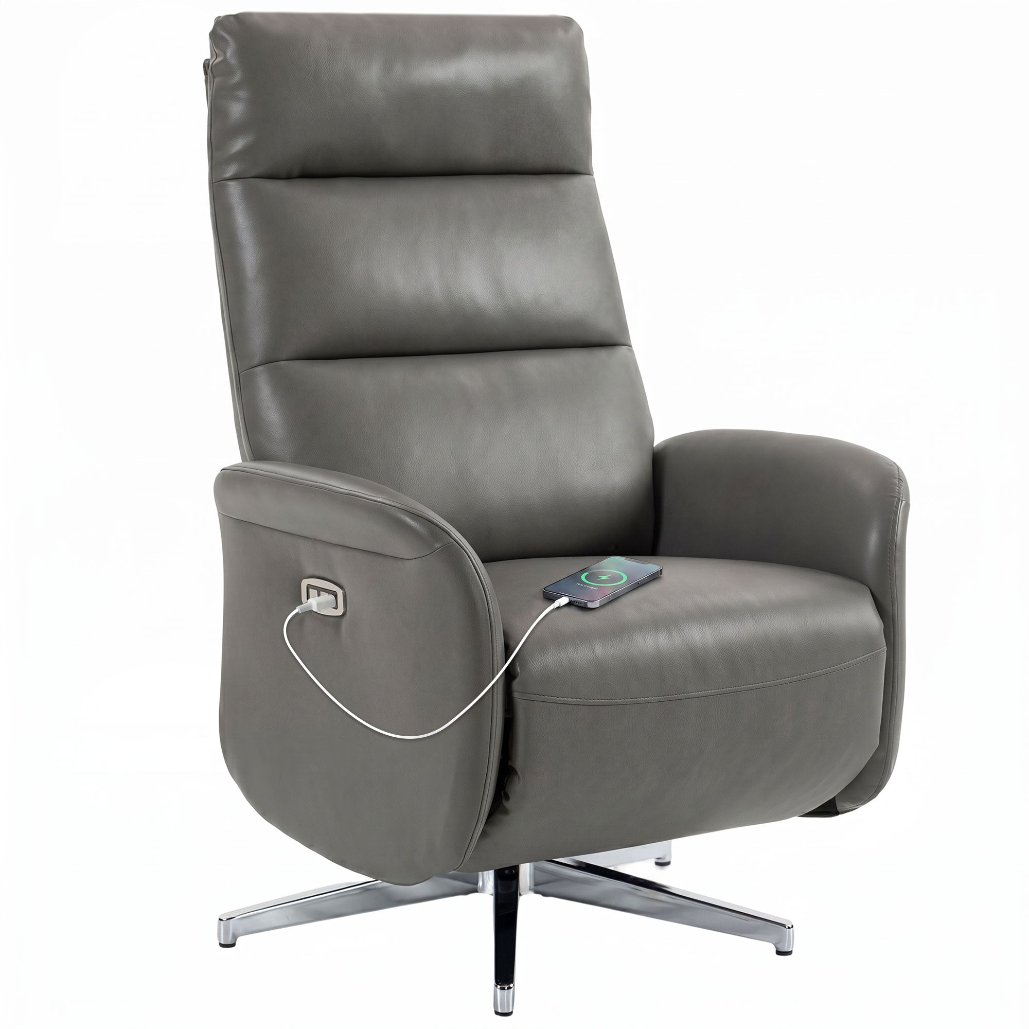 Electric Recliner Armchair, PU Leather Swivel Recliner Chair with Type C+USB, 160° Reclining Chair with Adjustable Leg Rest for Home Living Room Theater, Dark Grey