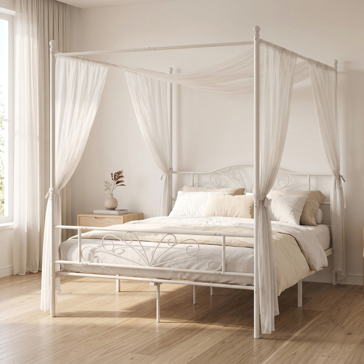 Canopy Bed Frame Double Size, Metal Platform Bed Frame with Headboard and Footboard, Underbed Storage, Heavy Duty Steel Slats Support Mattress Foundation, No Box Spring Needed, White