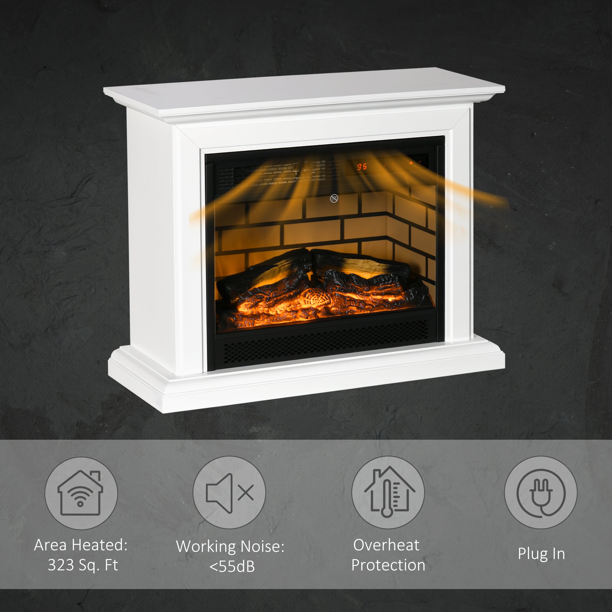 31" Electric Fireplace with Dimmable Flame Effect and Mantel, Freestanding Space Heater with Log Hearth and Remote Control, 1400W, White