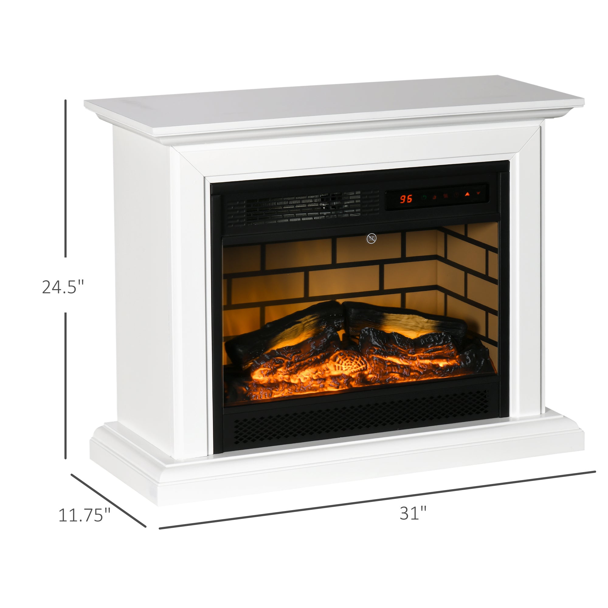 31" Electric Fireplace with Dimmable Flame Effect and Mantel, Freestanding Space Heater with Log Hearth and Remote Control, 1400W, White