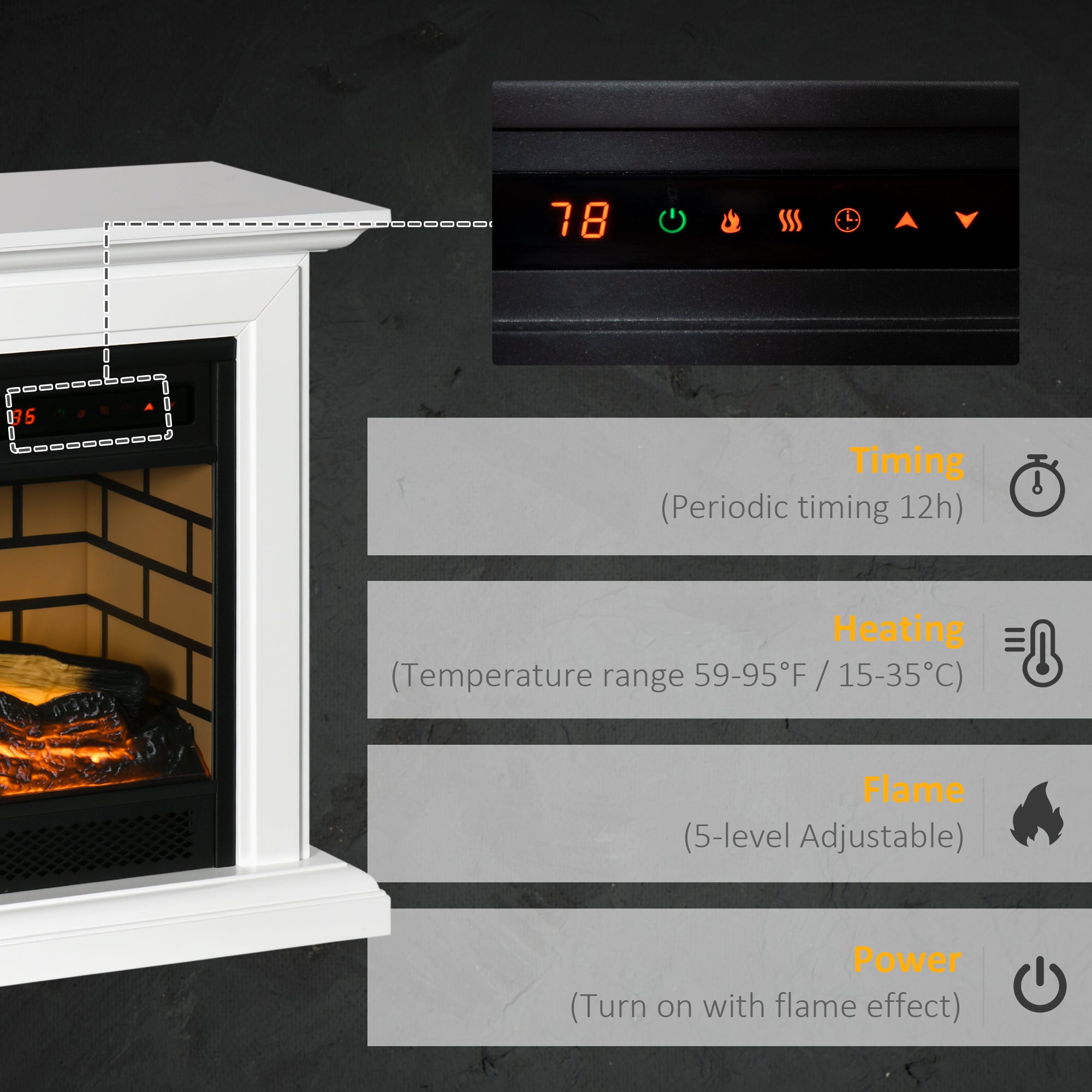 31" Electric Fireplace with Dimmable Flame Effect and Mantel, Freestanding Space Heater with Log Hearth and Remote Control, 1400W, White