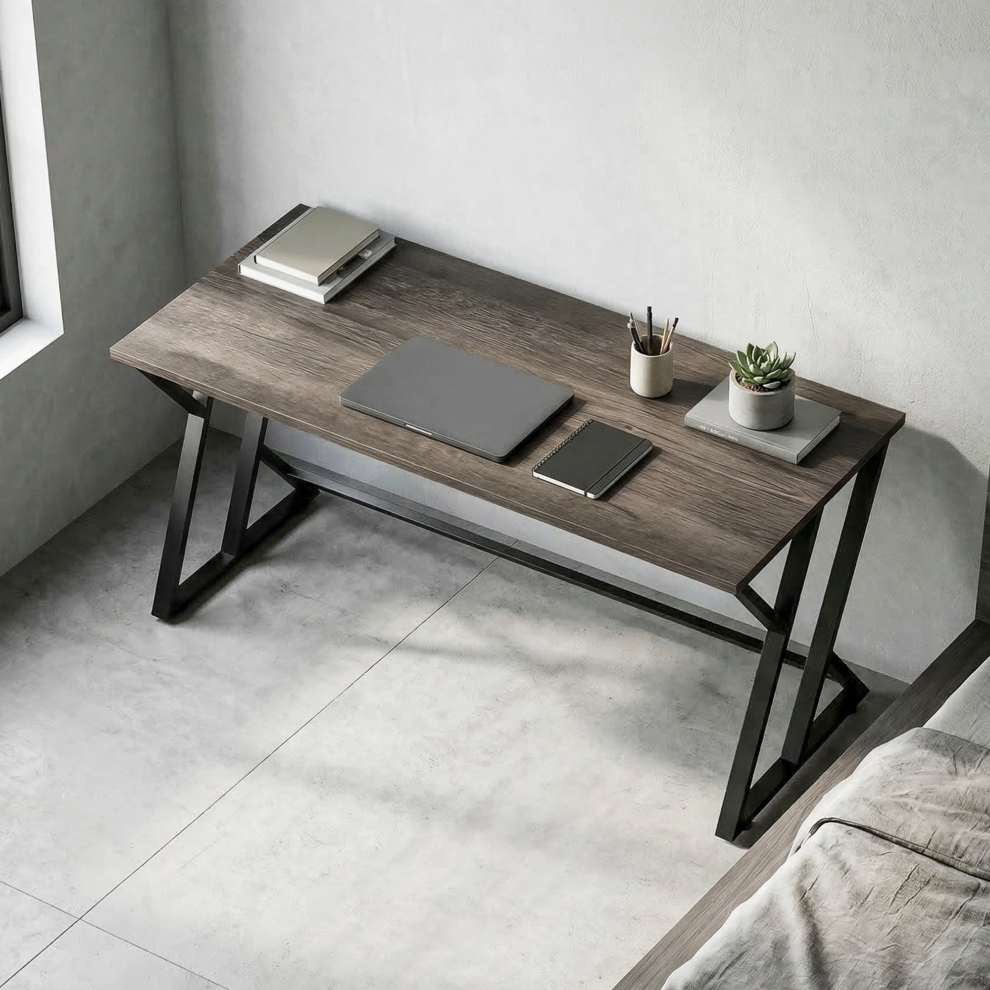 55 Inch Computer Desk, Industrial Writing Desk with Z-Shaped Metal Leg, Study Table for Home Office, Bedroom, Small Spaces, Distressed Gray