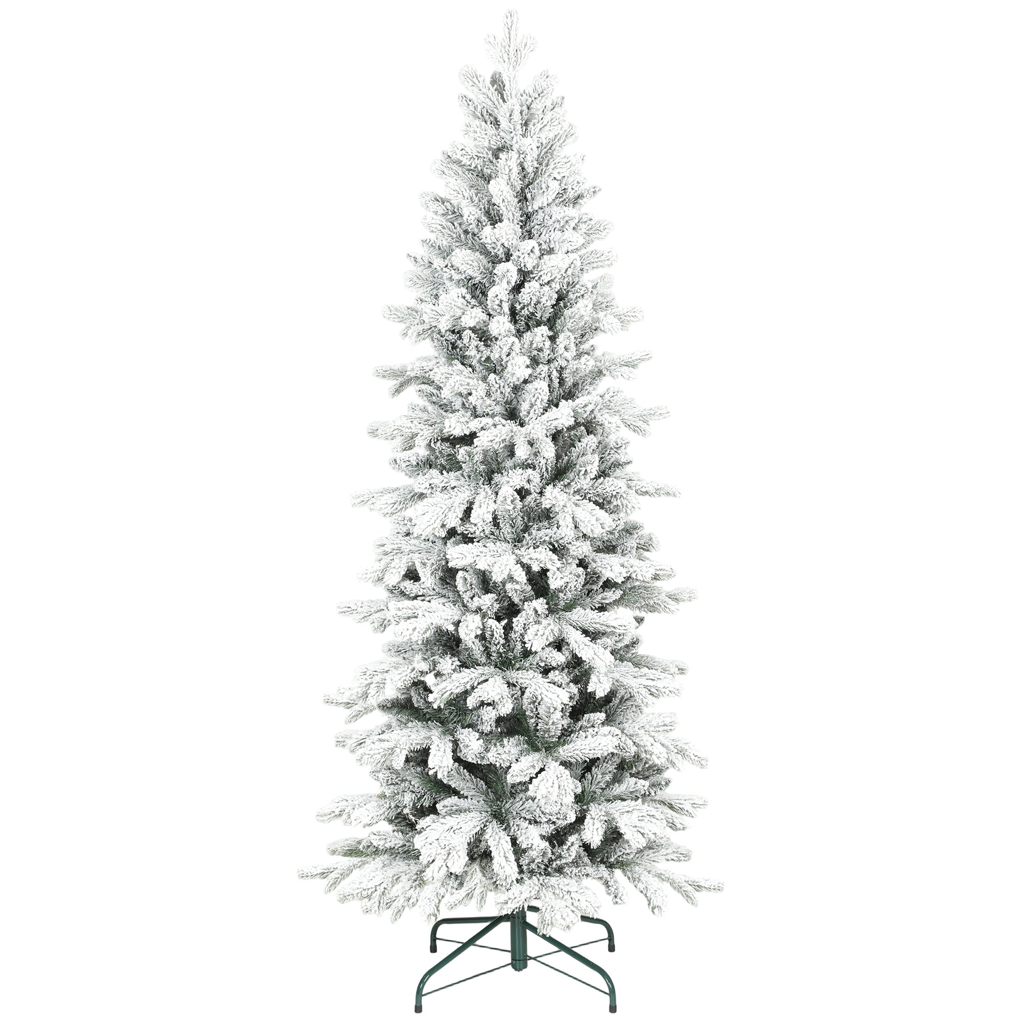 6ft Flocked Christmas Tree, Hinged Pencil Christmas Tree with 756 Tips, Realistic Branches, Easy Assembly, Slim Shape, Artificial Xmas Home Decoration, Green White
