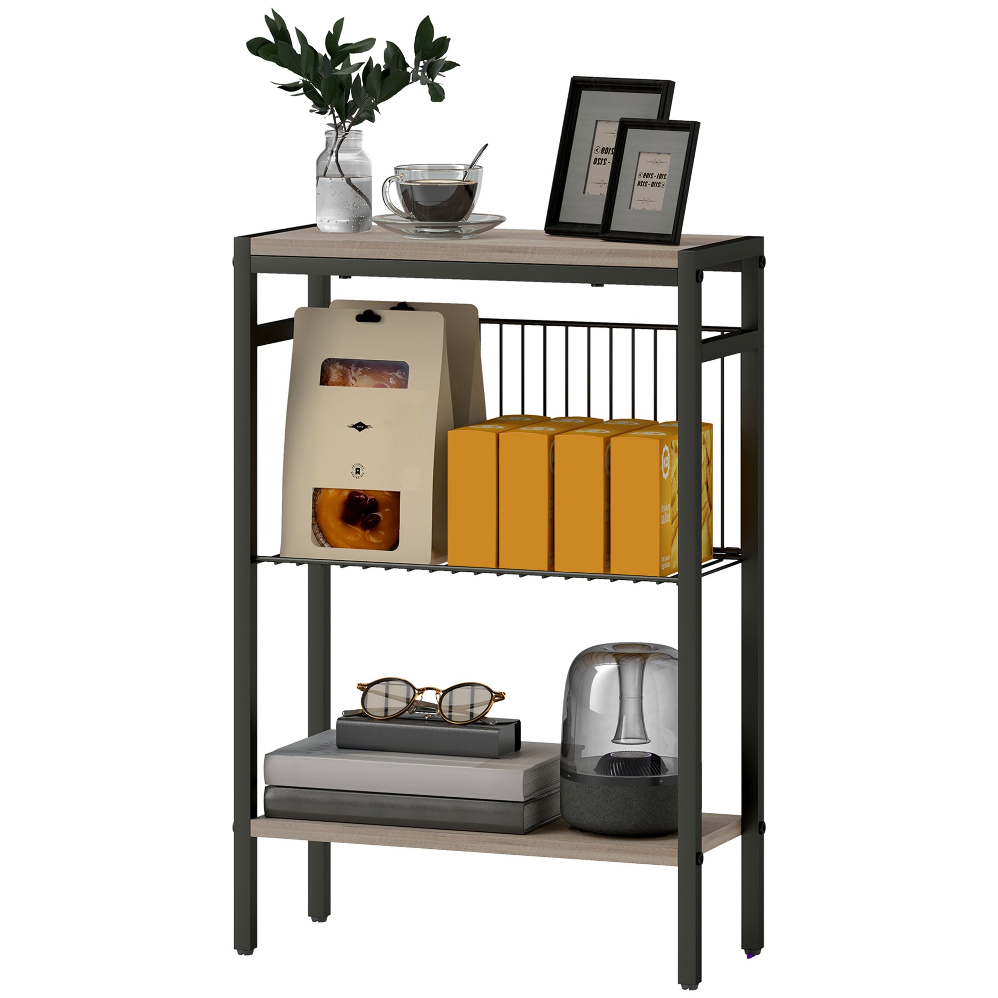 HOMCOM Side Table with 3-Tier Storage, Small Bedside Table, Sofa End Table with Steel Frame for Living Room, Bedroom, Grey