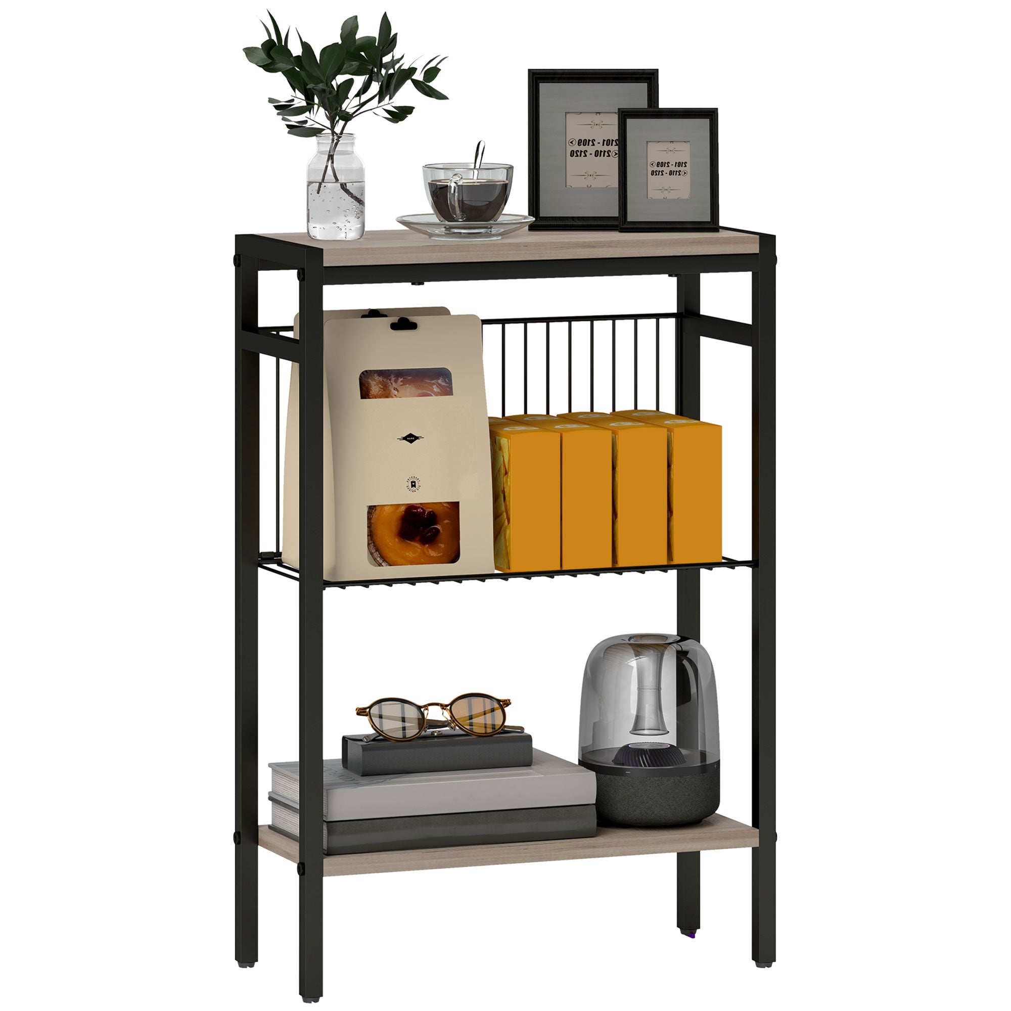 HOMCOM Side Table with 3-Tier Storage, Small Bedside Table, Sofa End Table with Steel Frame for Living Room, Bedroom, Grey