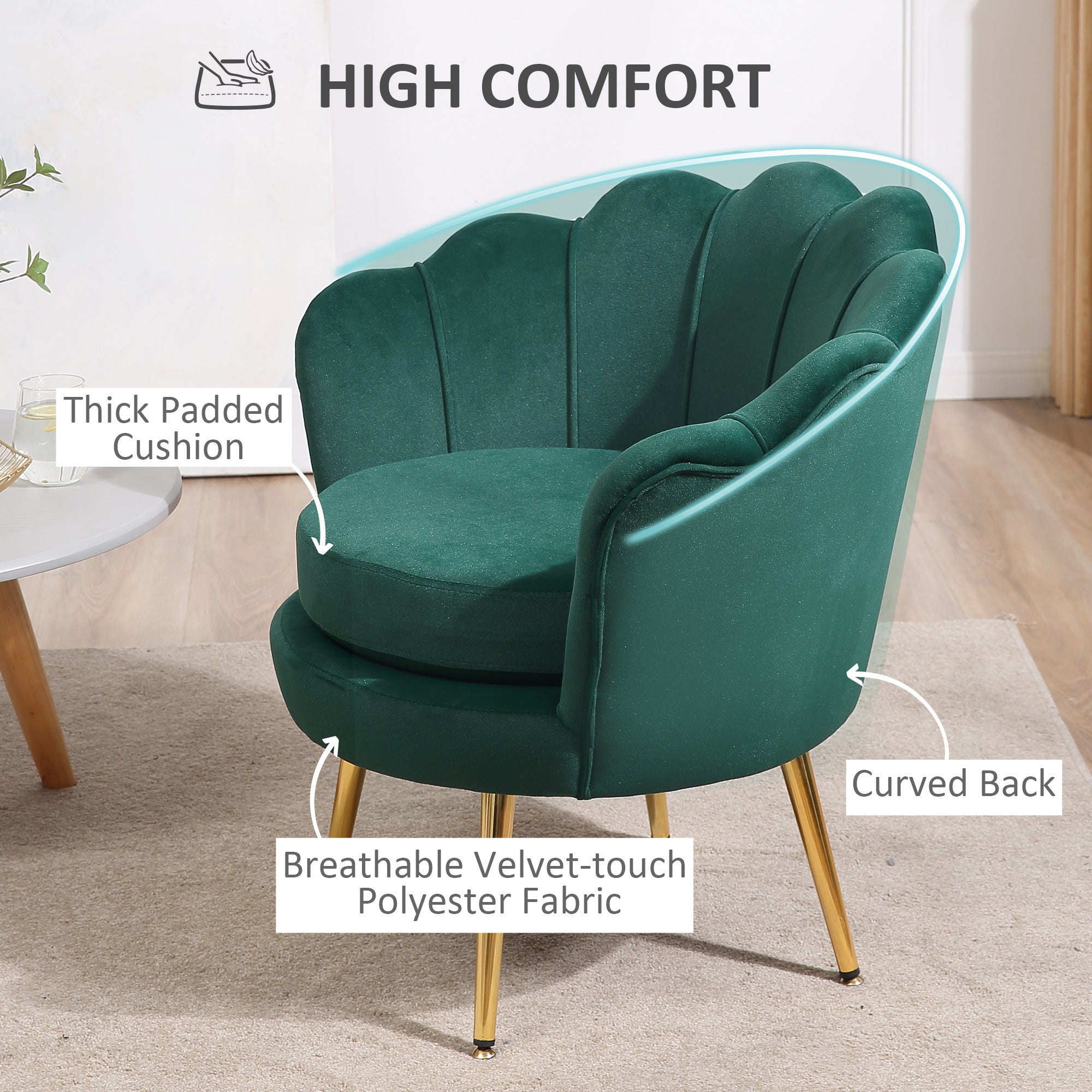 HOMCOM Modern Accent Chair, Velvet-Touch Fabric Leisure Club Chair with Gold Metal Legs for Bedroom, Dark Green