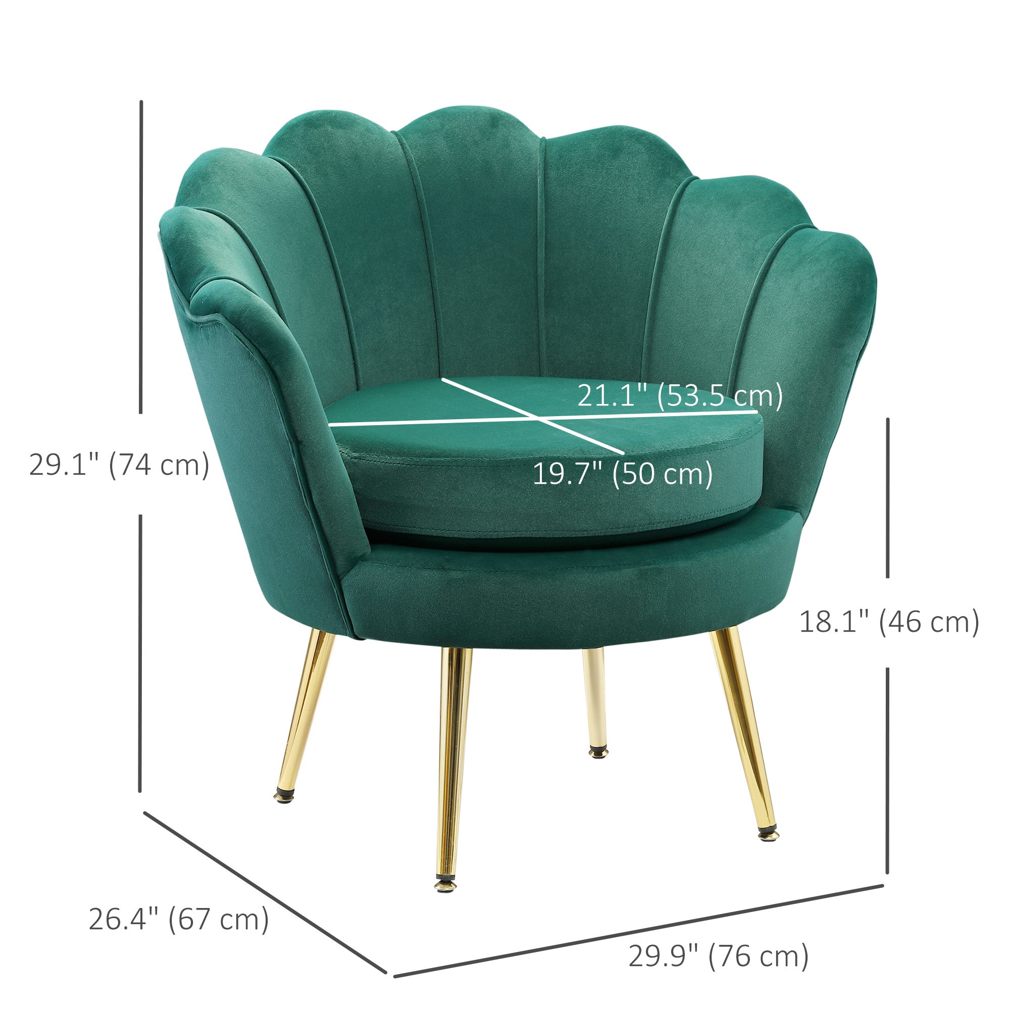 HOMCOM Modern Accent Chair, Velvet-Touch Fabric Leisure Club Chair with Gold Metal Legs for Bedroom, Dark Green