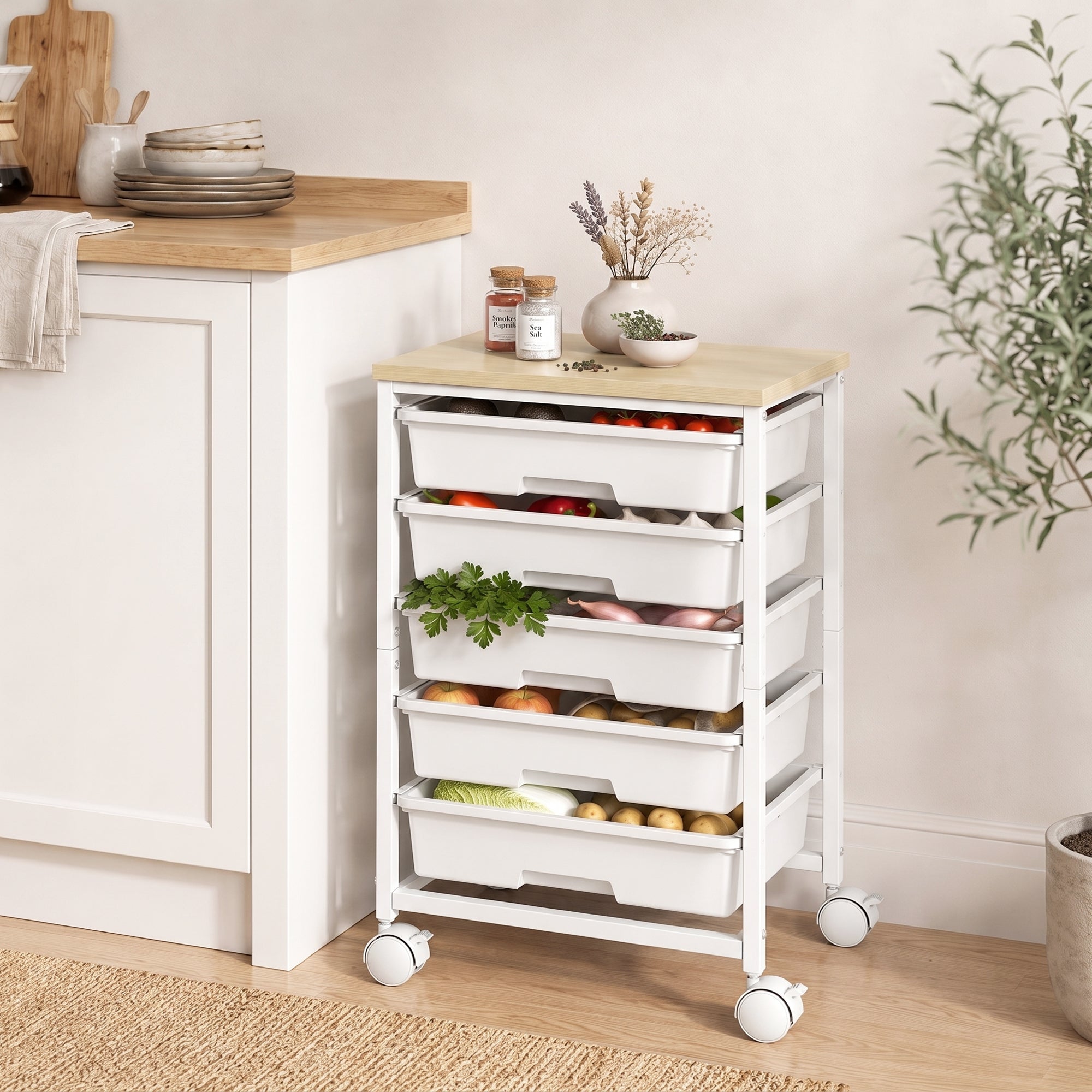 6-Tier Storage Trolley on Wheels, Metal Kitchen Rolling Cart with 5 Pull-Out Drawers, Kitchen Storage Rack for Living Room, Dining Room, Bedroom, Bathroom, White