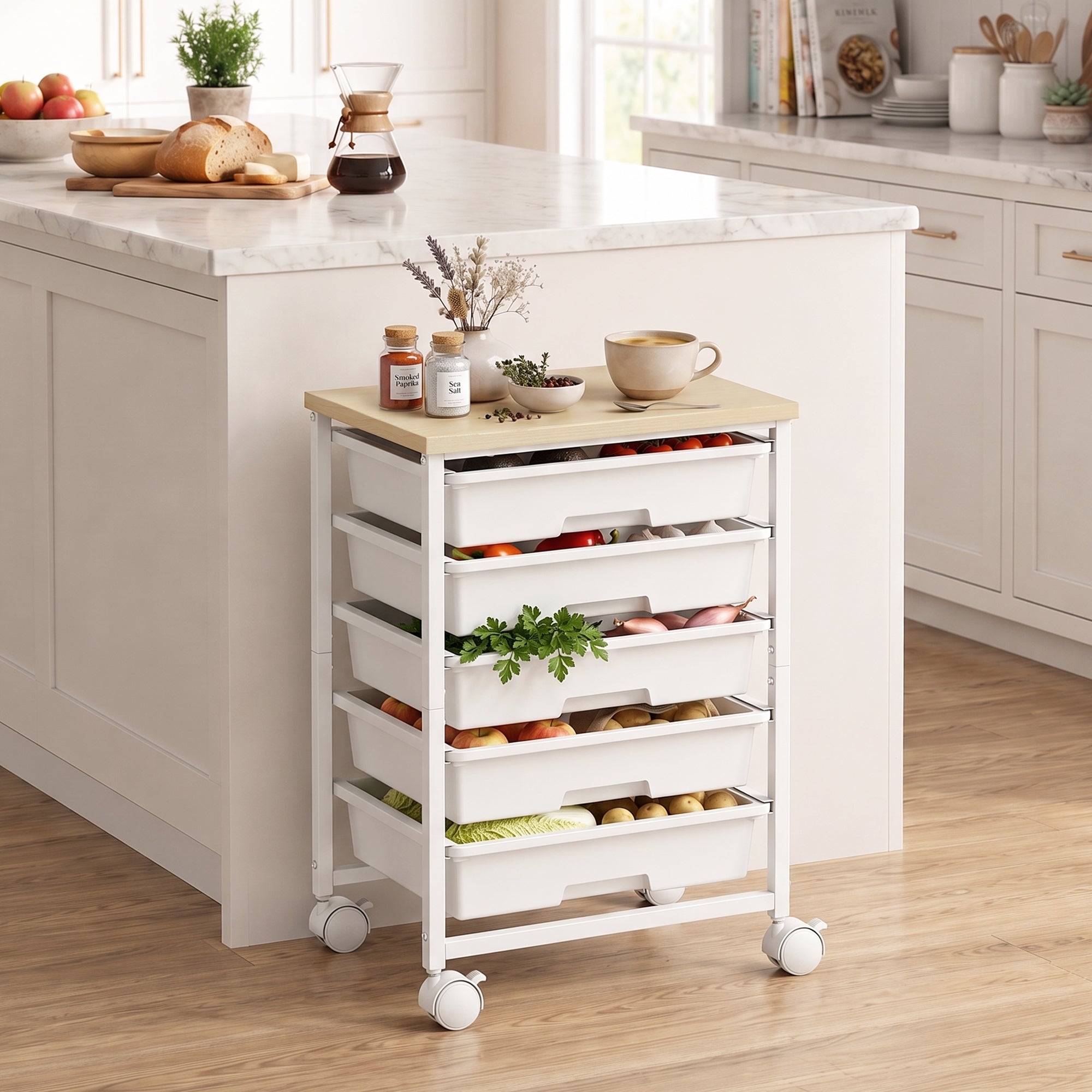 6-Tier Storage Trolley on Wheels, Metal Kitchen Rolling Cart with 5 Pull-Out Drawers, Kitchen Storage Rack for Living Room, Dining Room, Bedroom, Bathroom, White