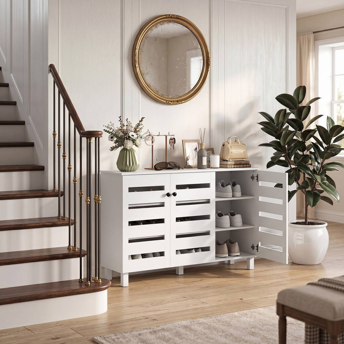 Shoe Cabinet, Shoe Storage Cabinet with 3 Slatted Doors, 3-tier Shelving Shoe Rack Cabinet with Adjustable Shelves for Entryway, Hallway, Living Room, Holds 15 Pairs, White
