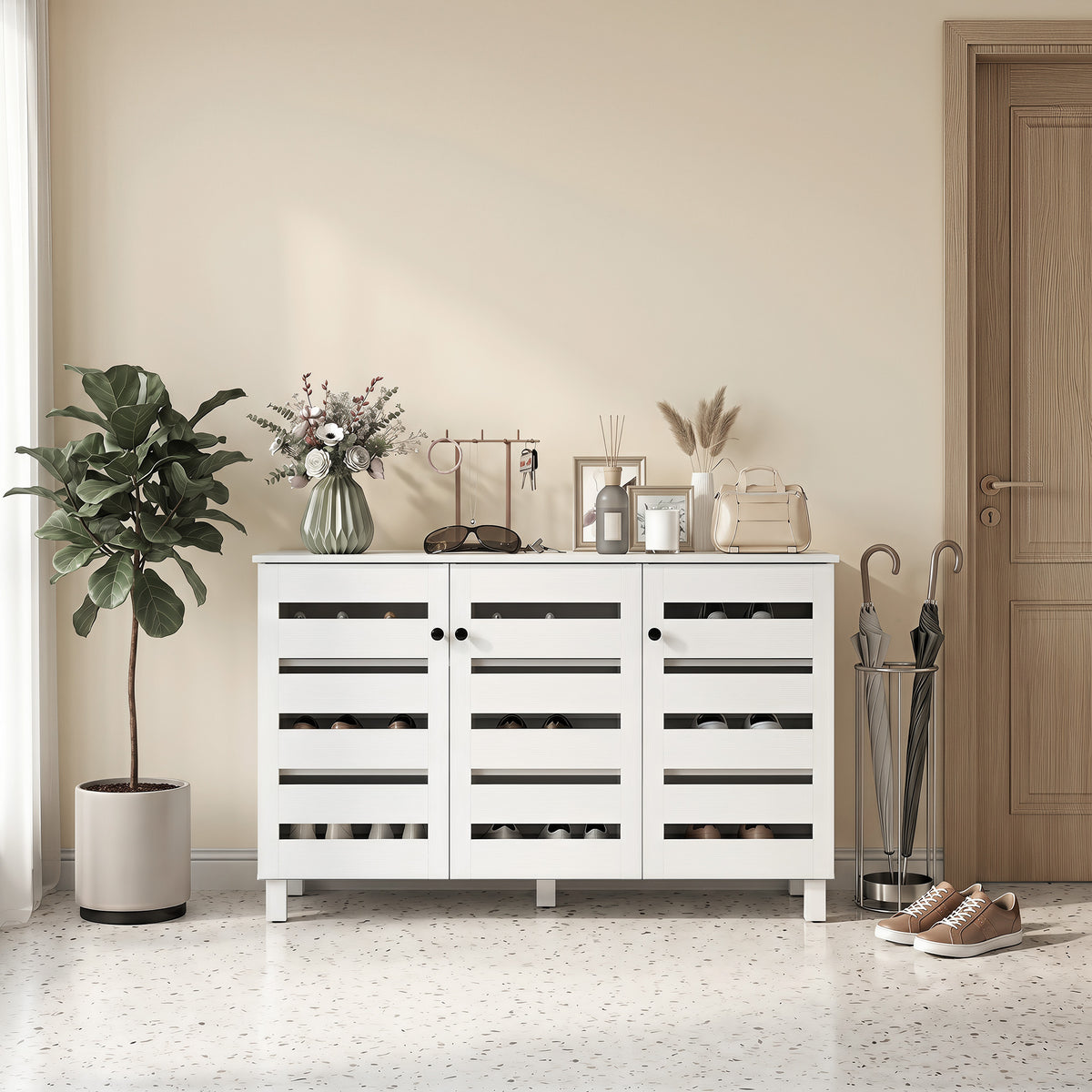 Shoe Cabinet, Shoe Storage Cabinet with 3 Slatted Doors, 3-tier Shelving Shoe Rack Cabinet with Adjustable Shelves for Entryway, Hallway, Living Room, Holds 15 Pairs, White