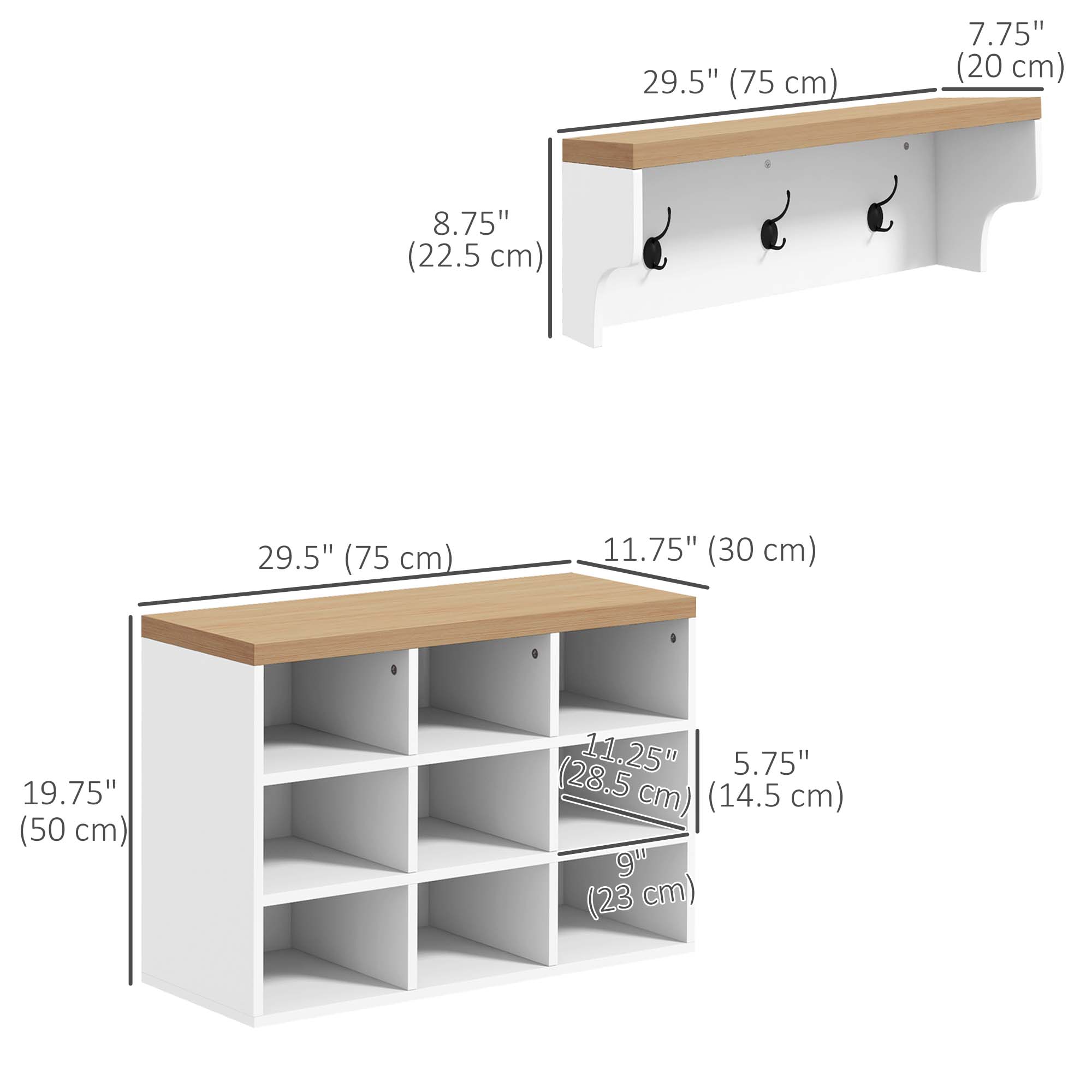 HOMCOM 2-in-1 Coat Rack Shoe Bench Set, 5-Hook Hall Tree with Bench and Shoe Storage for 9 Pairs of Shoes for Entryway, Hallway, White