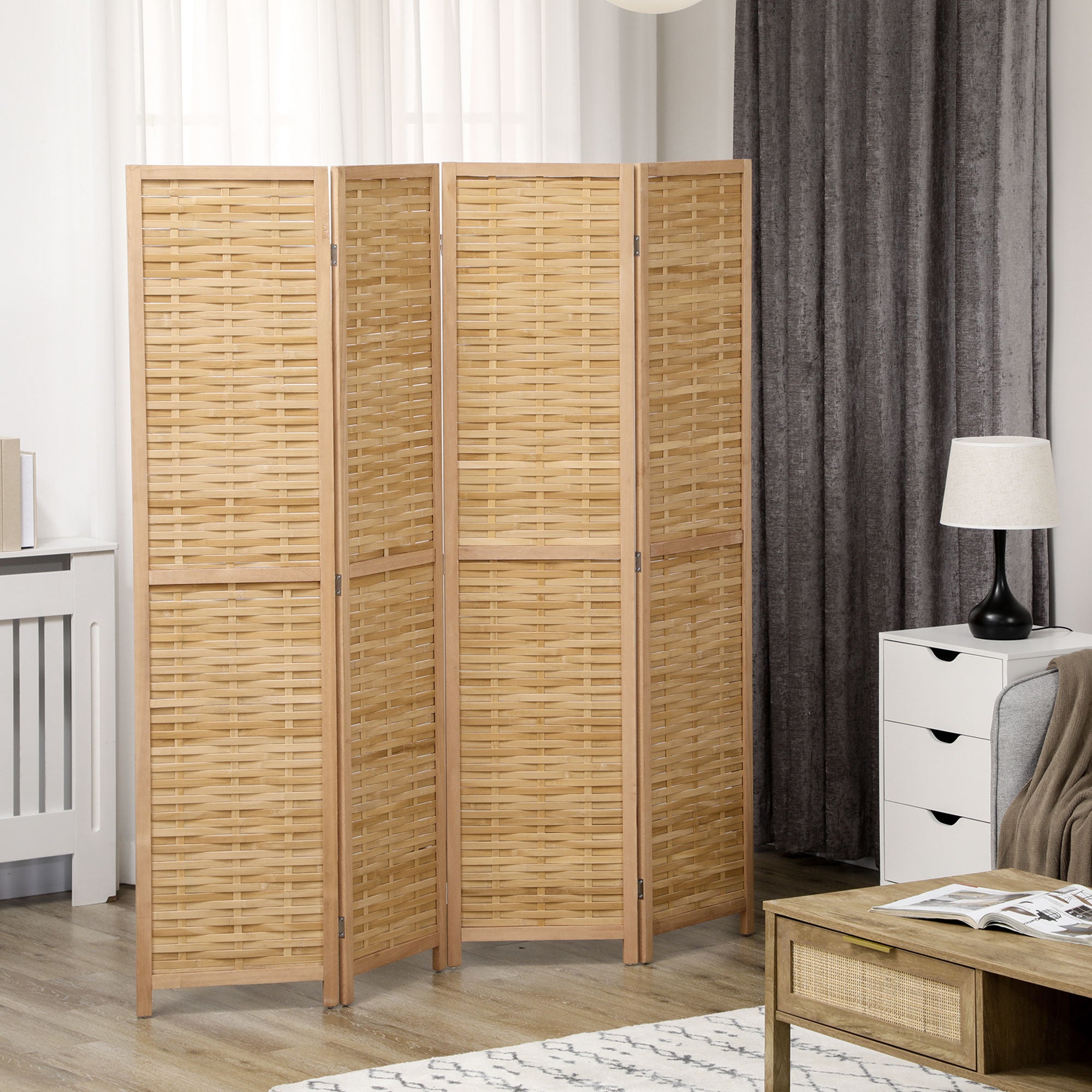 Hand Woven Room Divider 4 Panel Bamboo Folding Privacy Screen for Home Office 47.25"x67"