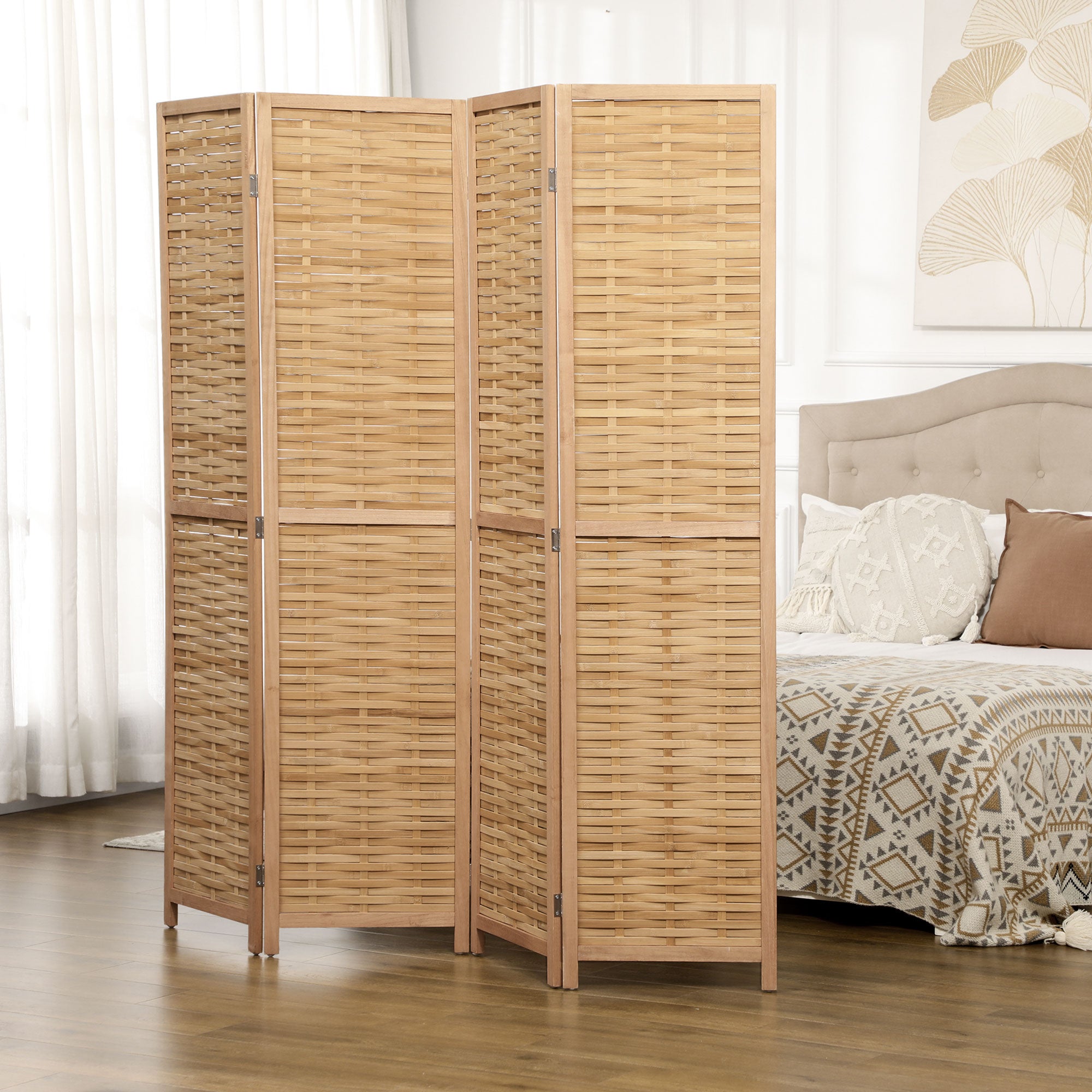 Hand Woven Room Divider 4 Panel Bamboo Folding Privacy Screen for Home Office 47.25"x67"