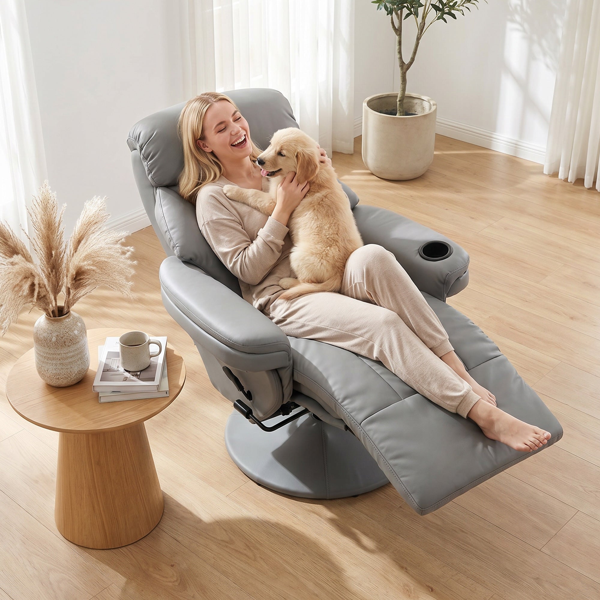 Manual Recliner Chair with Footrest, Upholstered Reclining Armchair with Adjustable Backrest and Cup Holder, PU Leather Swivel Chair for Living Room, Bedroom, Grey