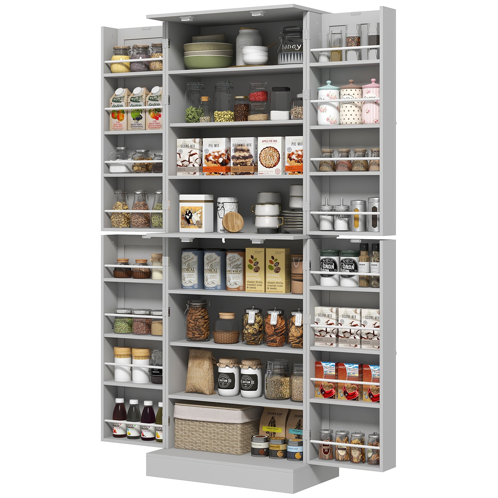 65" Kitchen Pantry Cabinet, Modern Kitchen Pantry with Doors and Shelves, Freestanding Buffet Storage Cabinet with Spice Racks for Dining Room, Grey