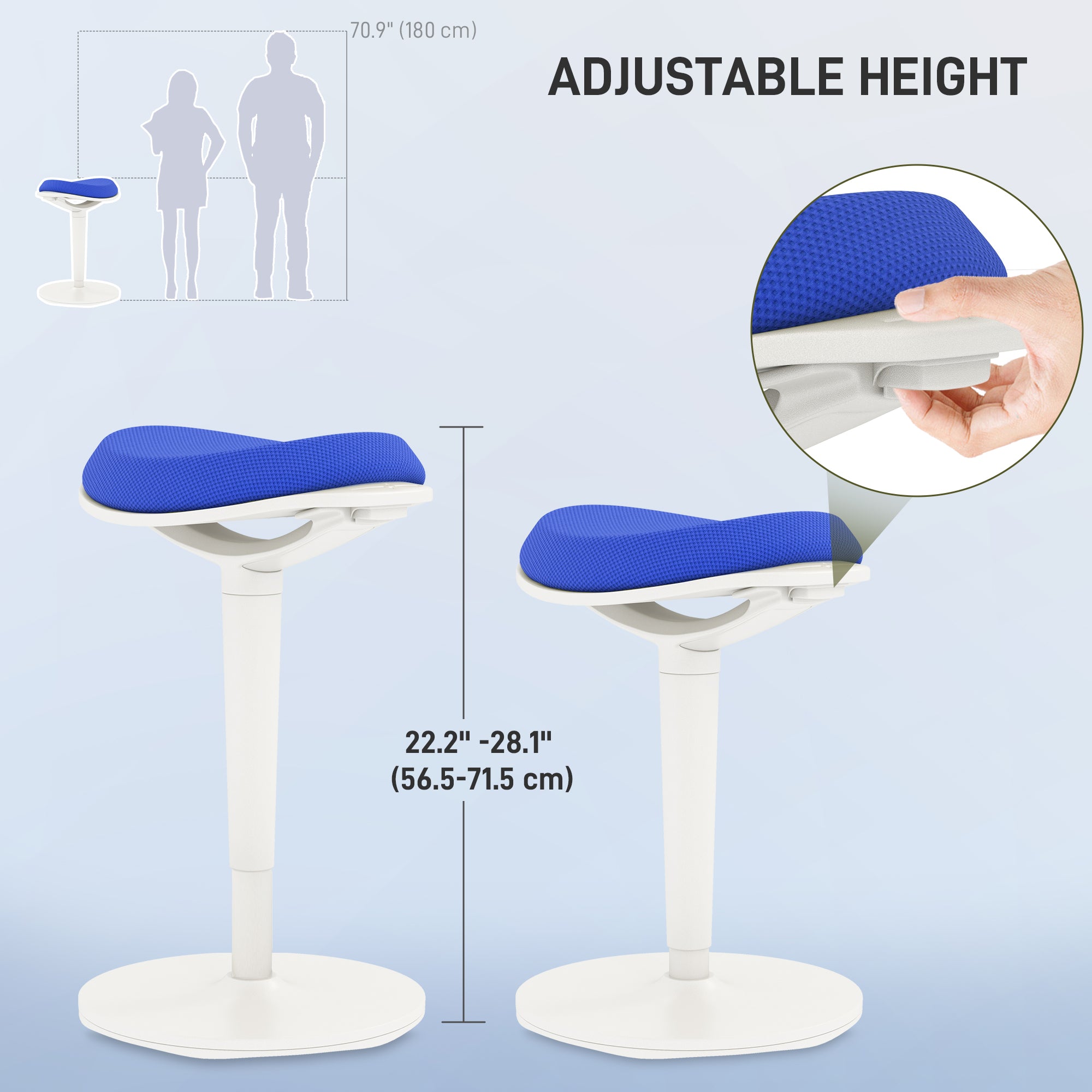 HOMCOM Standing Desk Chair, Backless Wobble Chair, 22.2-28.1 Inches, Ergonomic Adjustable Active Learning Stool for Office Desks, with Rocking Motion, Padded, Blue