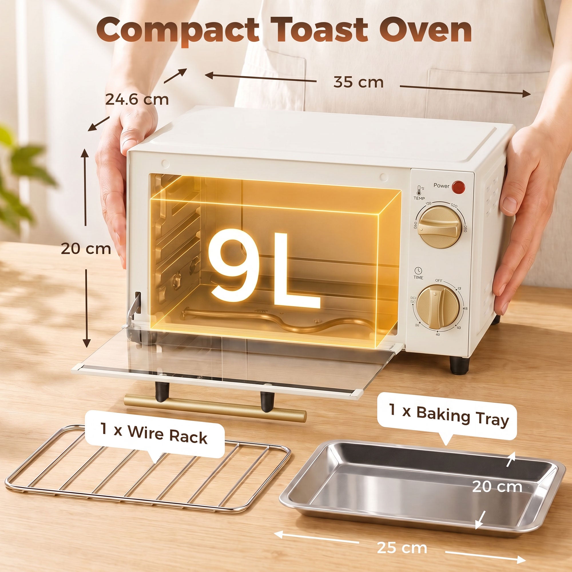Mini Oven, 9L Countertop Electric Grill, Toaster Oven with Adjustable Temperature, Timer, Dishwasher Safe Baking Tray and Wire Rack, 750W, White