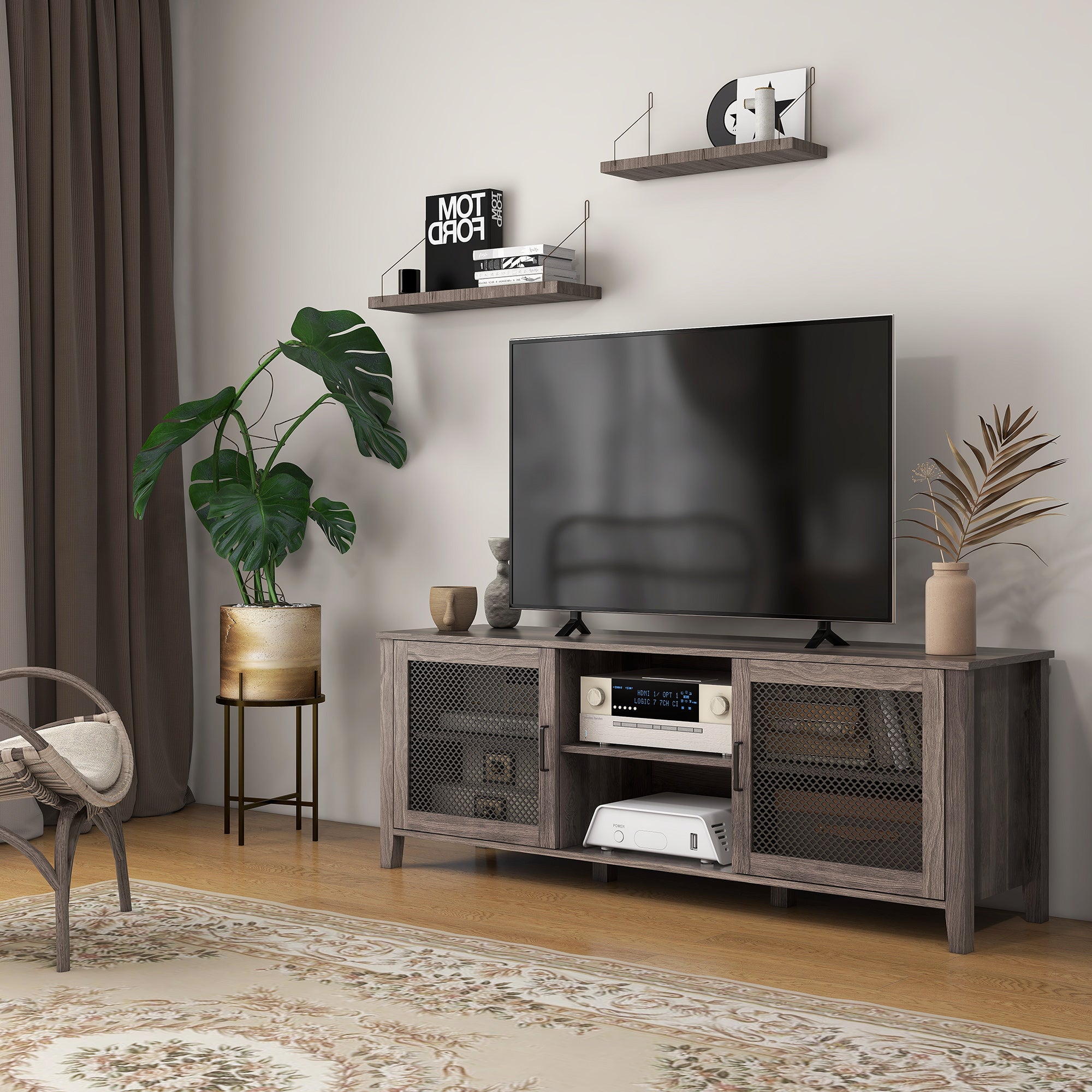 Industrial TV Cabinet Stand for TVs up to 65" Entertainment Center with Mesh Doors and Shelves Brown