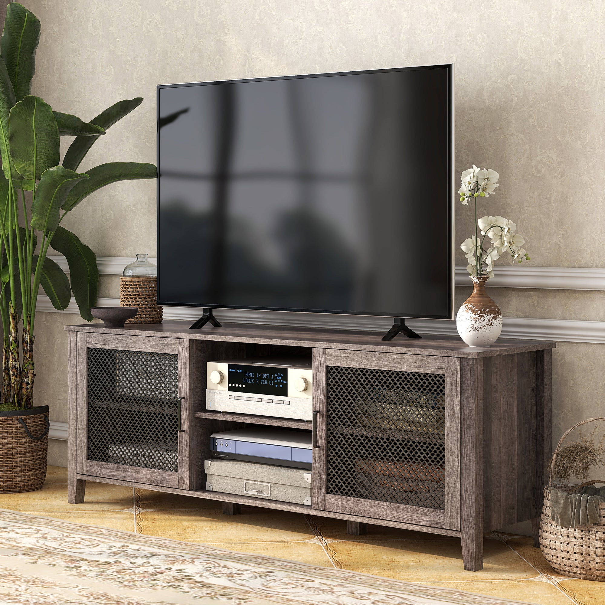 Industrial TV Cabinet Stand for TVs up to 65" Entertainment Center with Mesh Doors and Shelves Brown