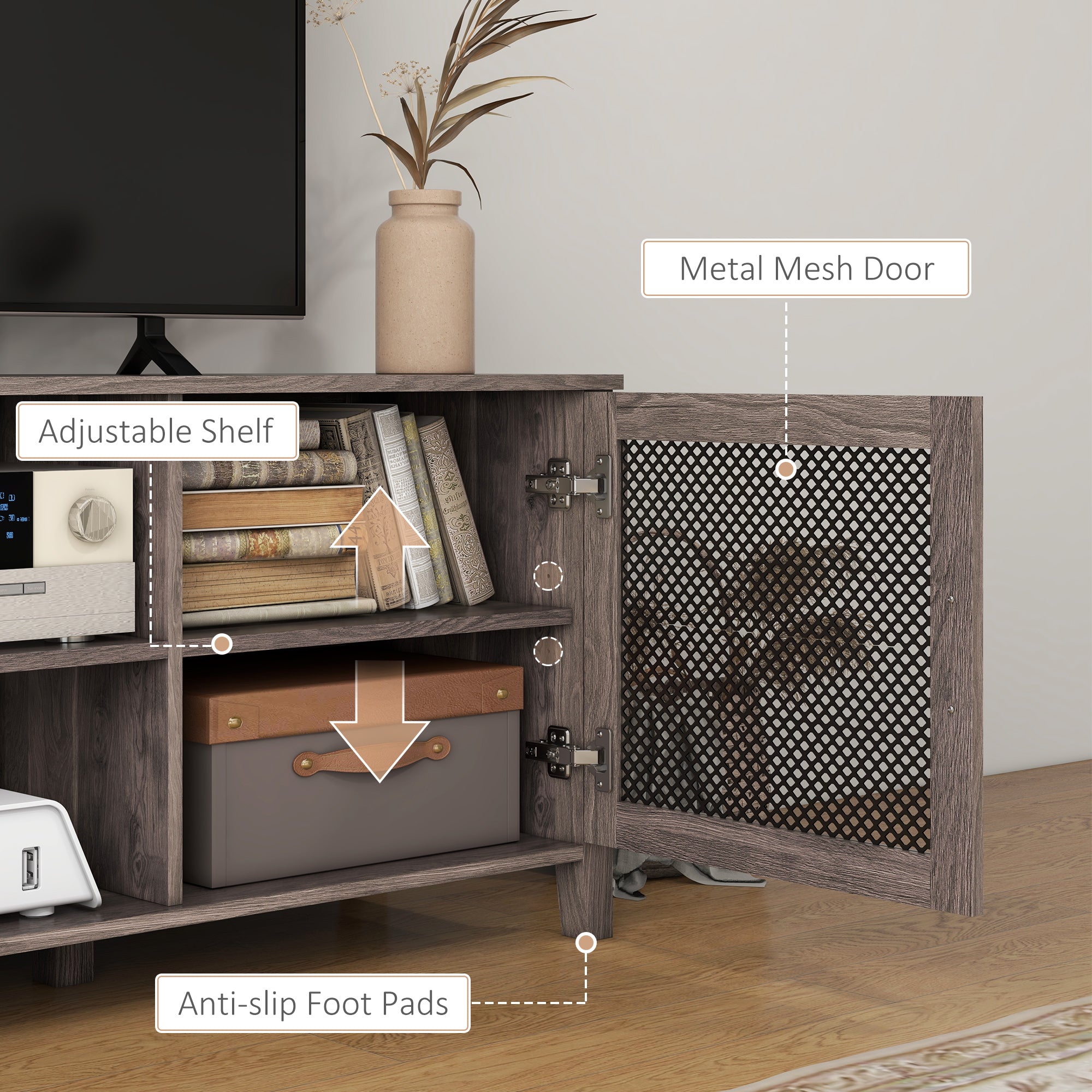 Industrial TV Cabinet Stand for TVs up to 65" Entertainment Center with Mesh Doors and Shelves Brown