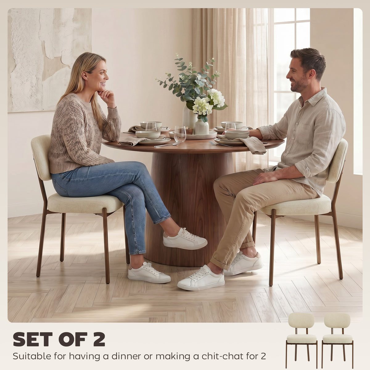 Modern Dining Chairs Set of 2, Upholstered Linen Fabric Kitchen Chairs with Metal Legs and Wide Padded Seat for Kitchen, Living Room, Beige