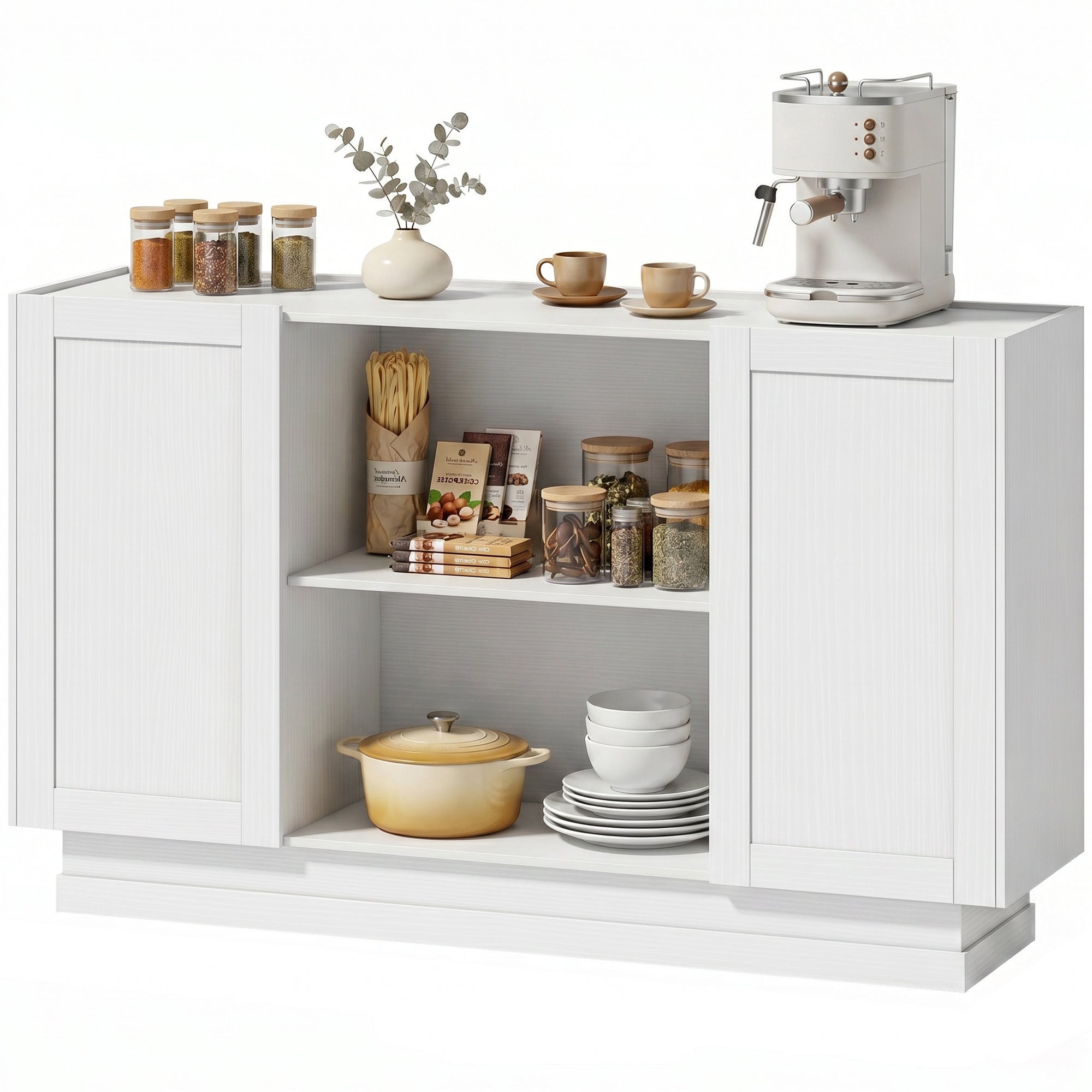 Sideboard Buffet Cabinet, 133 cm Modern Farmhouse Storage Cabinet with 2 Open Shelves, 2 Cupboards and Soft Close Doors for Dining Room, Living Room, White