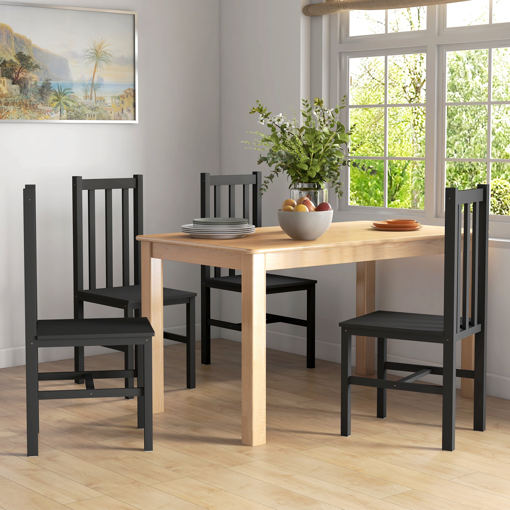 Farmhouse Dining Table Chairs, Set of 4 Pine Wood Kitchen Table Chairs with Slat Back for Living Room, Bedroom, Black