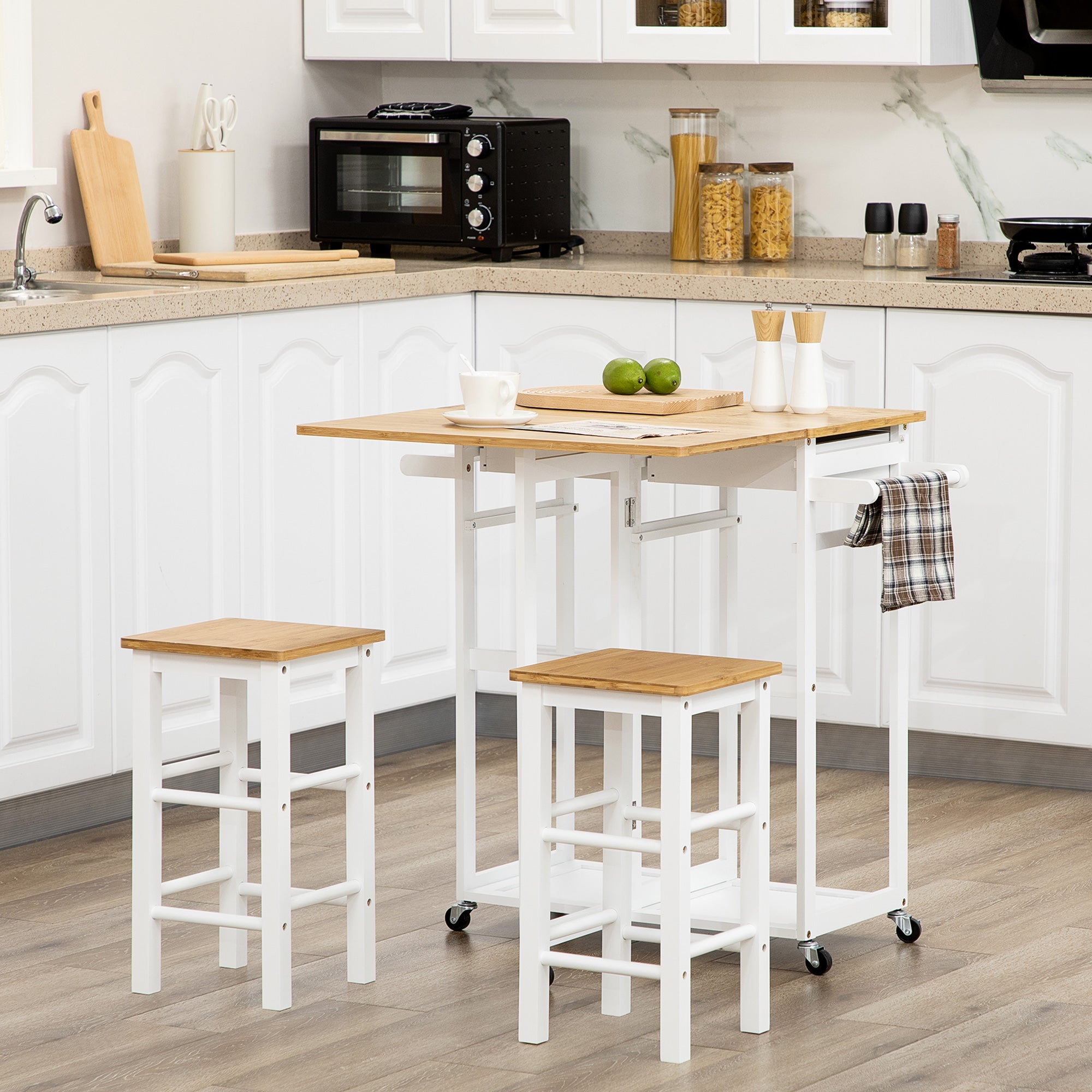 Kitchen Island Set with Stools, Bamboo Breakfast Cart with Drop