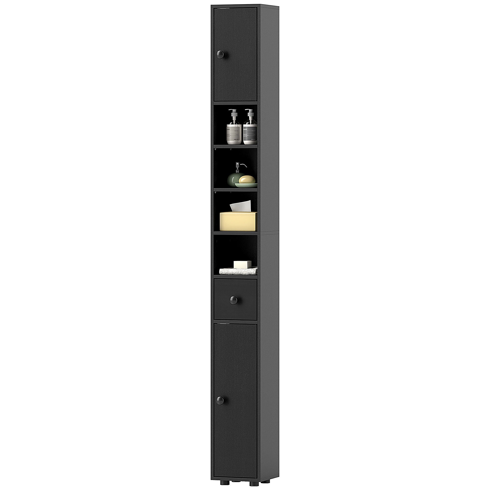 kleankin 71" Tall Bathroom Storage Cabinet, Narrow Bathroom Cabinet with Open Shelves, 2 Door Cabinets, Adjustable Shelves, for Kitchen, Hallway, Living Room, Black Wood Grain