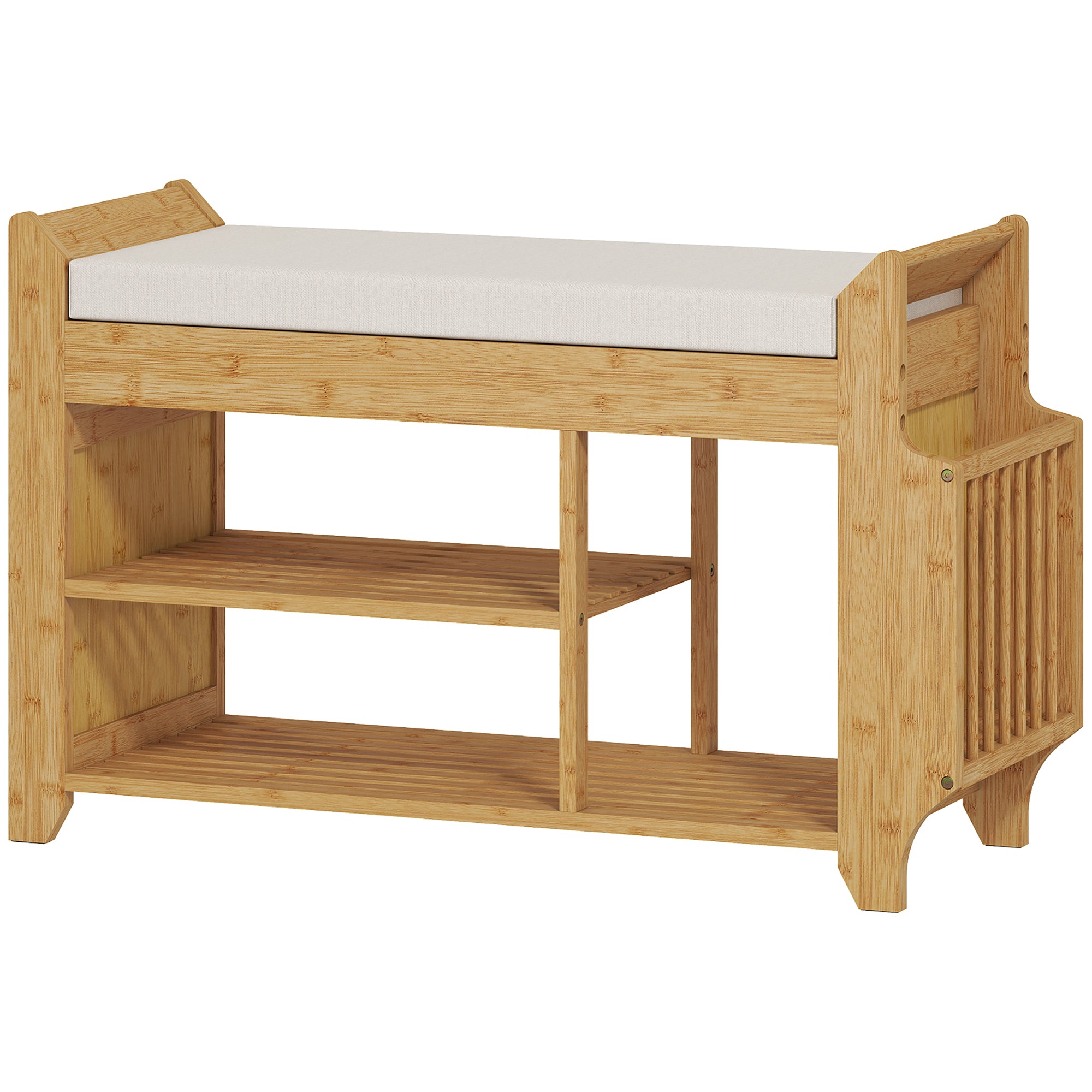 Shoe Bench with Cushioned Seat, Shoe Storage Bench with Side Holder and Boot Section, 2-Tier Natural Bamboo Entryway Rack for Hallway, Living Room, 100 x 30 x 50 cm, Natural and Cream