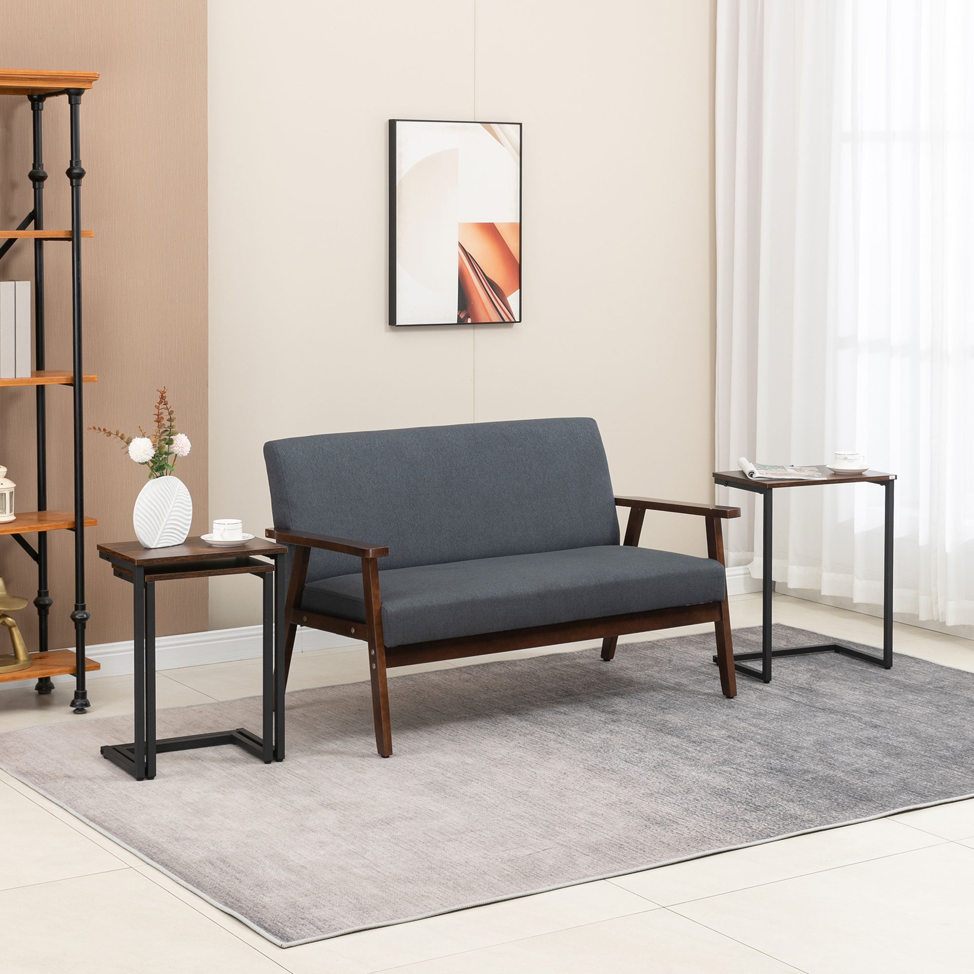 HOMCOM Nesting Side Tables Set of 3, C-Shaped Sofa Side Tables with Steel Frame for Sofa Couch and Bed, Rustic Brown