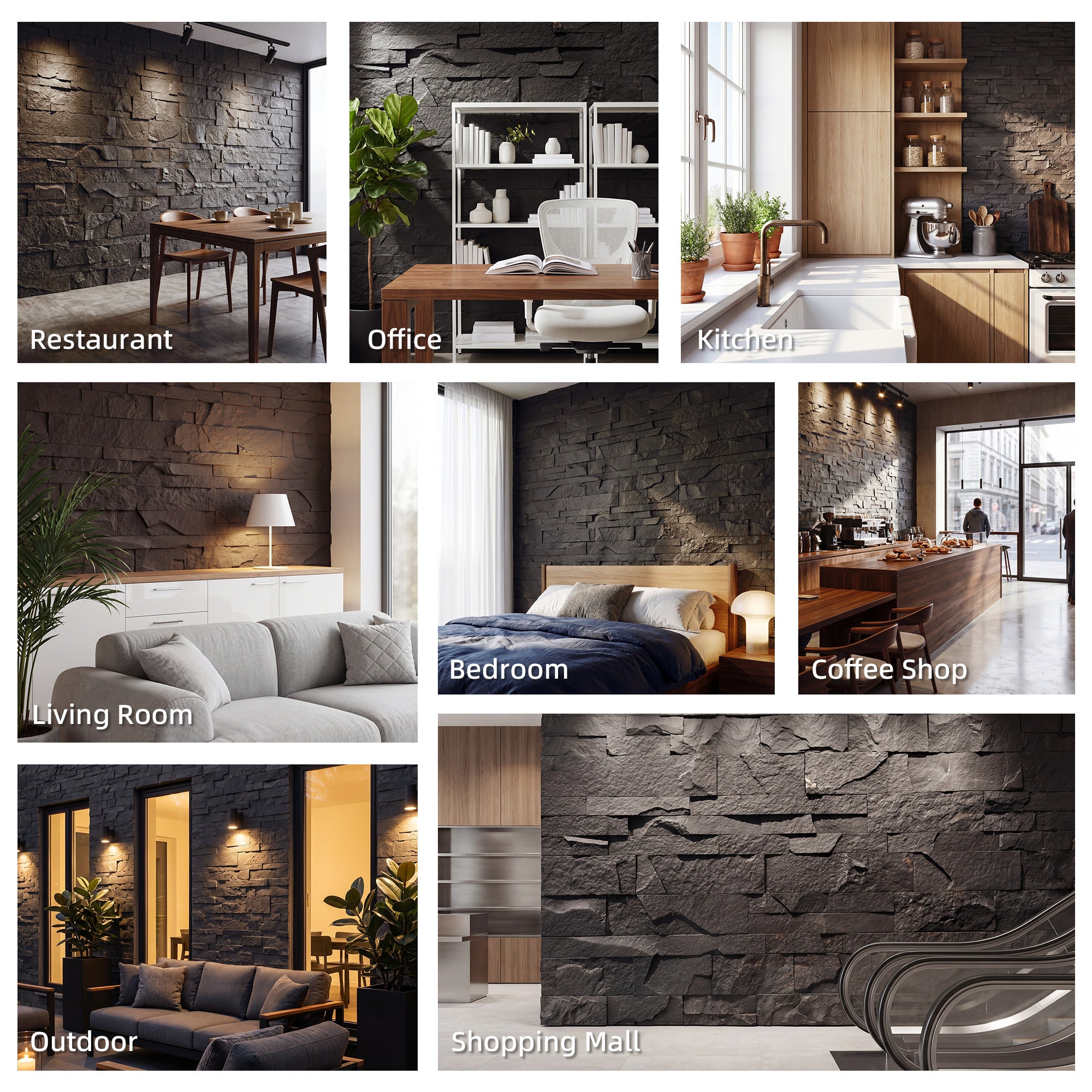 8-Pack 3D Faux Stone Wall Panels, Lightweight Polyurethane Panels for Interior and Exterior Accent Walls, Water-Resistant, 4' x 2', Cover 61.8 Sq.Ft., 0.8" Thick, Black