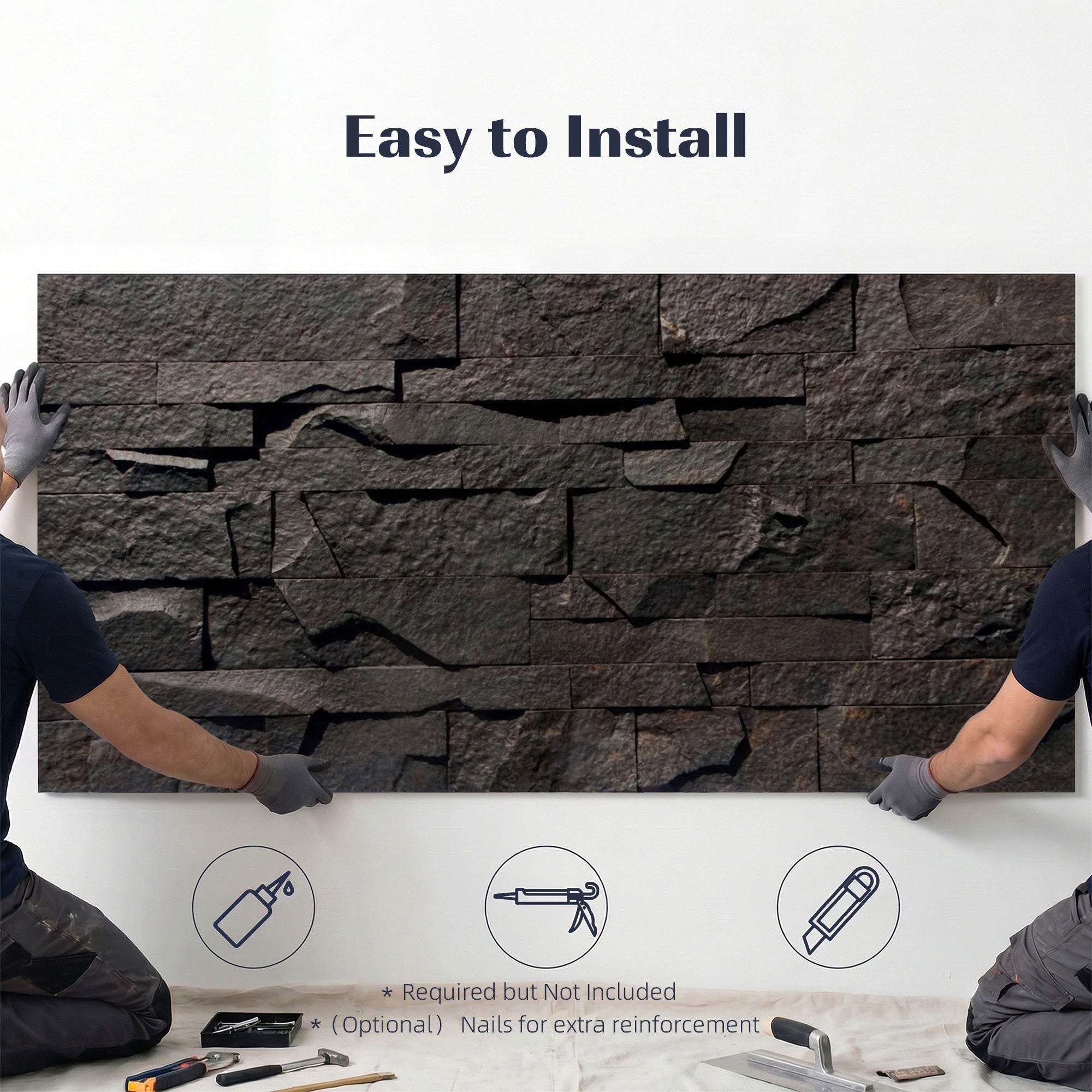 8-Pack 3D Faux Stone Wall Panels, Lightweight Polyurethane Panels for Interior and Exterior Accent Walls, Water-Resistant, 4' x 2', Cover 61.8 Sq.Ft., 0.8" Thick, Black