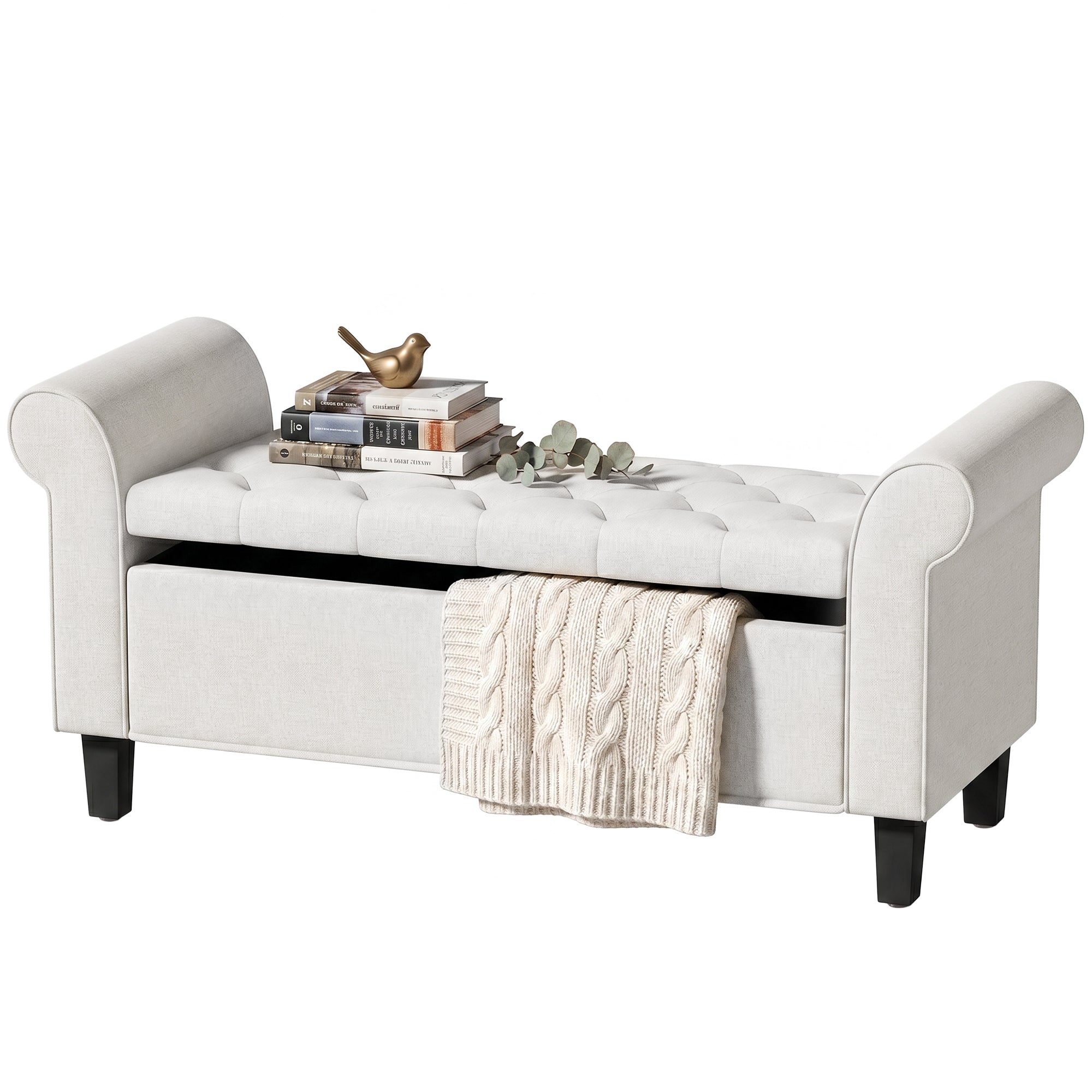 47" Storage Ottoman Bench, Tufted Long Ottoman with Storage Chest, Rolled Arms, Safety Hinge, Wooden Legs, Upholstered End of Bed Bench, 528 lbs for Bedroom, Entryway, Living Room, Cream White