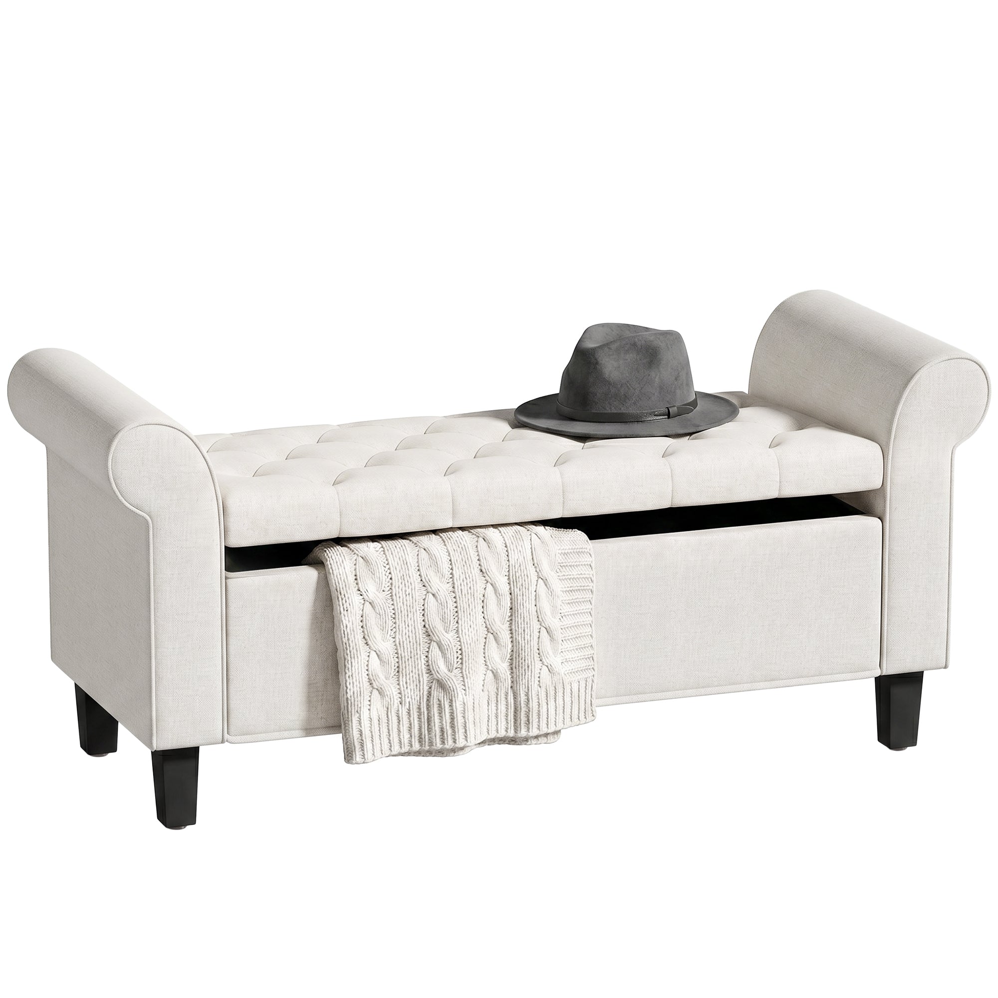47" Storage Ottoman Bench, Tufted Long Ottoman with Storage Chest, Rolled Arms, Safety Hinge, Wooden Legs, Upholstered End of Bed Bench, 528 lbs for Bedroom, Entryway, Living Room, Cream White