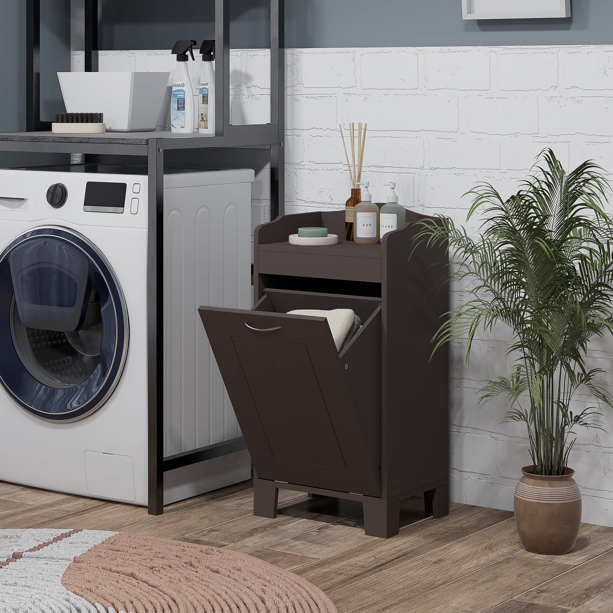 Tilt-out Laundry Storage Cabinet with Tabletop and Compartment Hamper, Coffee