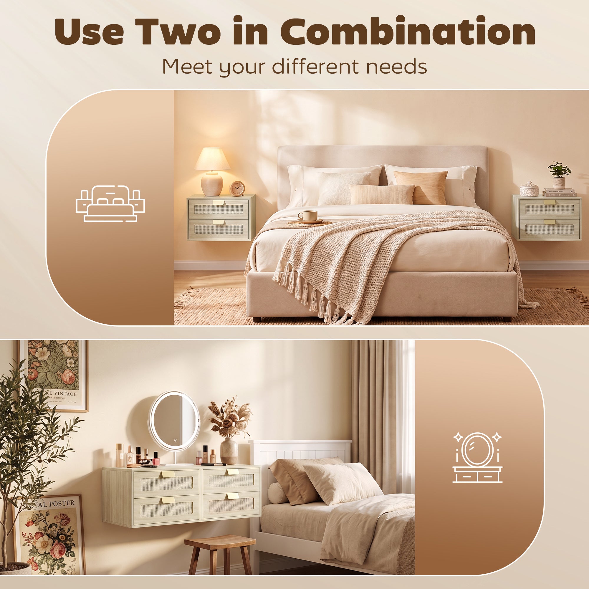 Modern Floating Nightstands Set of 2, Wall Mounted Bedside Tables with 2 Drawers, Bedside Cabinet for Bedroom Living Room, Oak