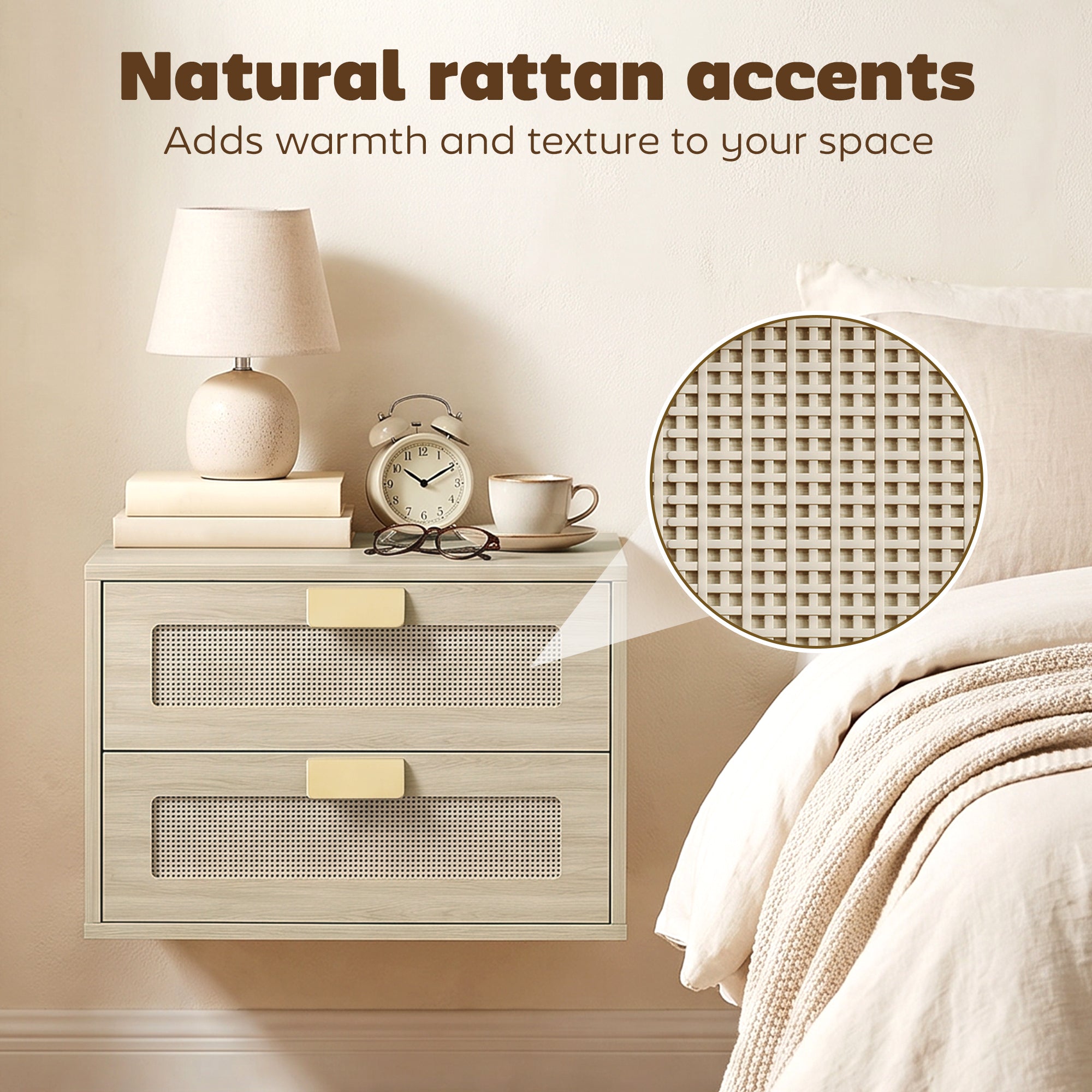 Modern Floating Nightstands Set of 2, Wall Mounted Bedside Tables with 2 Drawers, Bedside Cabinet for Bedroom Living Room, Oak