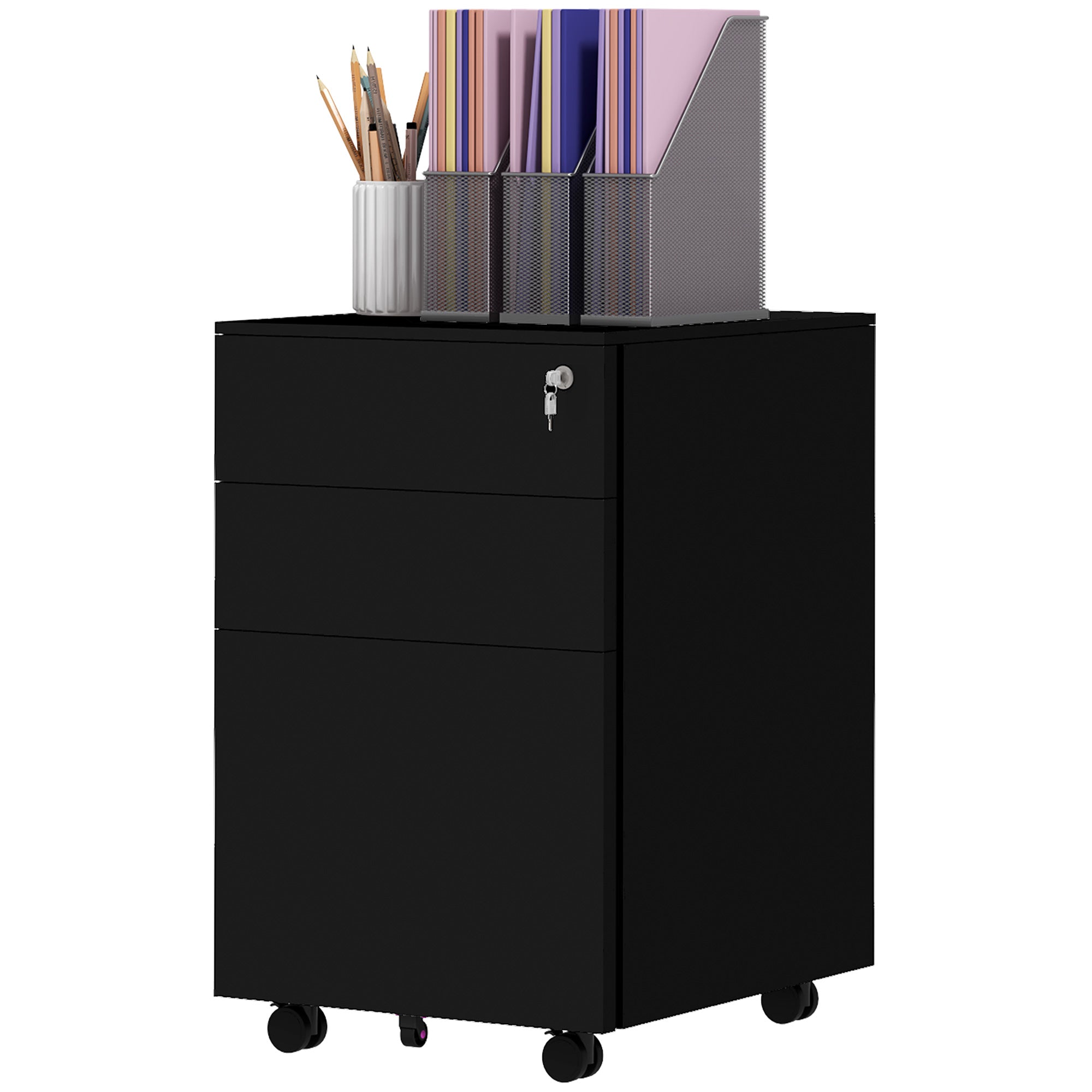Vinsetto 3-Drawer Vertical Filing Cabinet with Pencil Tray, Lock and 5 Wheels, Steel Mobile File Cabinet, for A4, Legal and Letter Size, Pre-Assembled Body, Black