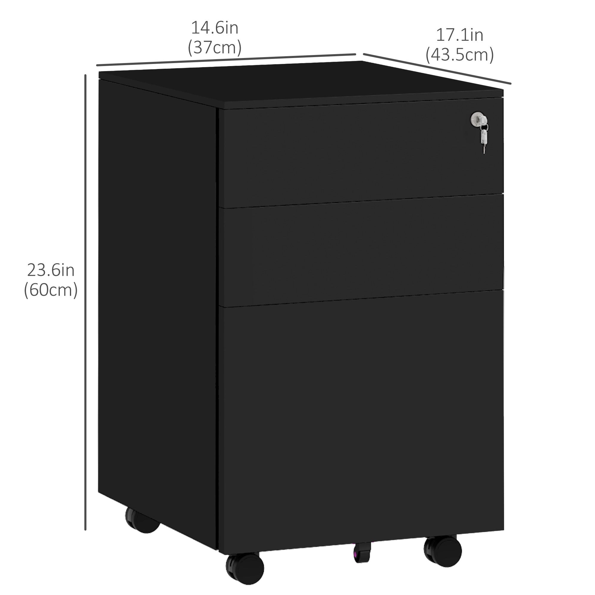 Vinsetto Vertical Steel Filing Cabinet on Wheels, 3-Drawer Lockable File Cabinet with Adjustable Hanging Bar for A4, Legal and Letter Size, Black