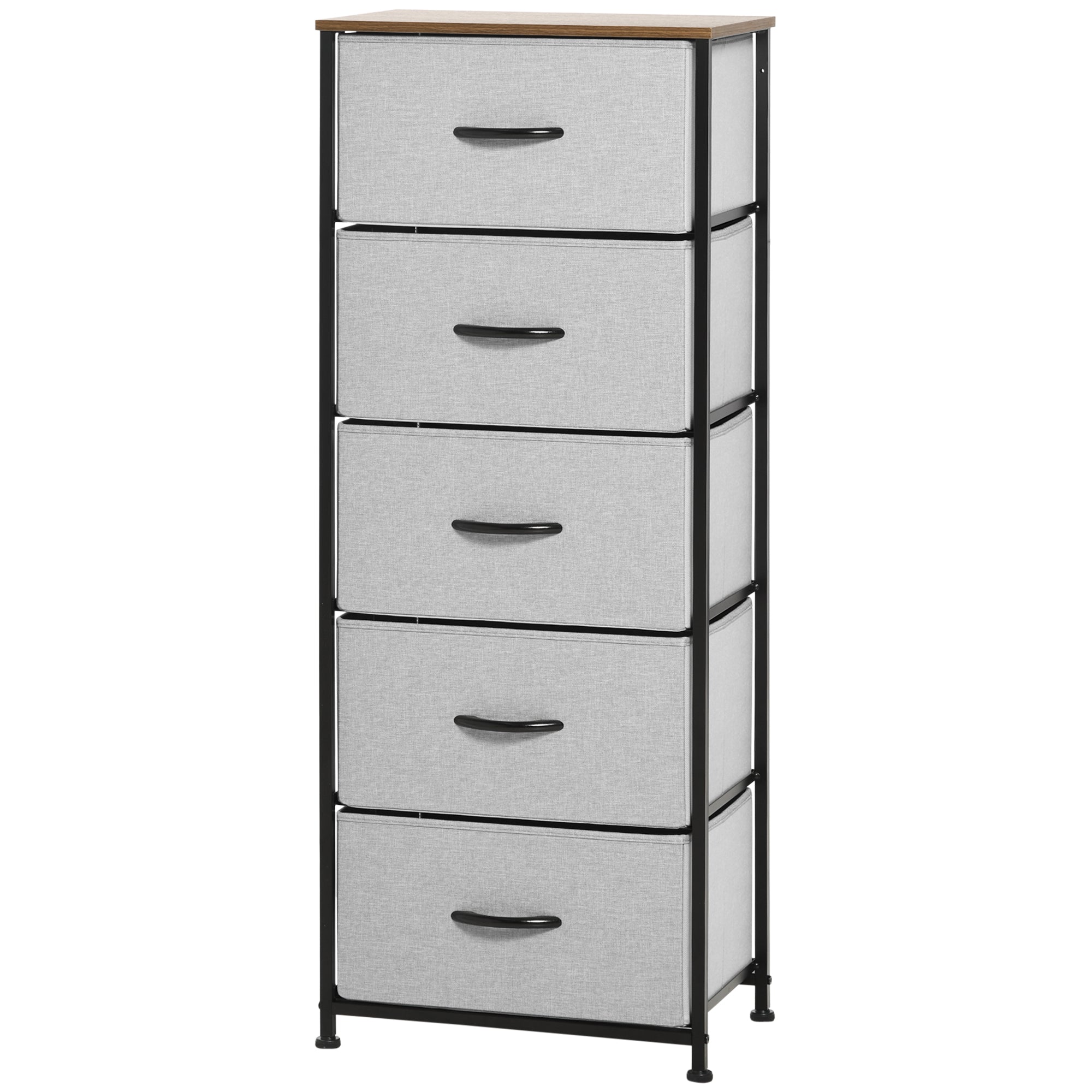 HOMCOM Fabric Chest of Drawers, Storage Drawers, Industrial Bedroom Dresser with 5 Fabric Drawers, Steel Frame and Wooden Top for Nursery, Living Room, Closet, Hallway, Grey