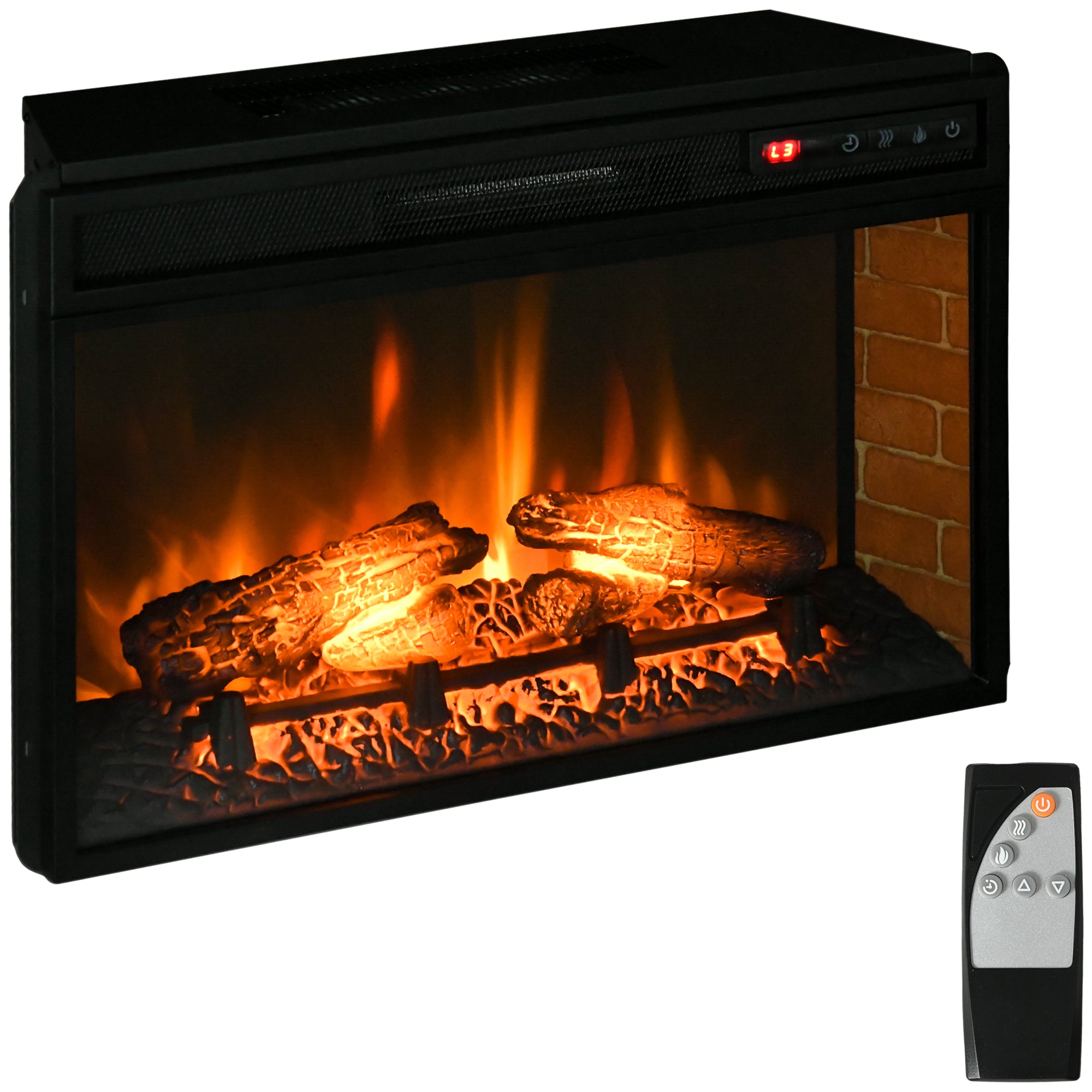 27" Electric Fireplace Insert, Retro Recessed Fireplace Heater with Realistic Log Flame, Remote Control, and Adjustable Brightness, 1400W, Black