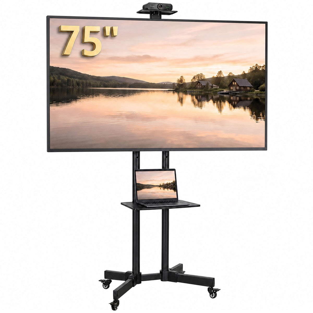 Mobile TV Stand on Wheels for 32-75 Inch Screens, Mobile TV Cart with Tilt, Height Adjustable, Locking Wheels, Camera Shelf & Media Shelf, Max VESA 400 x 600 mm, Black