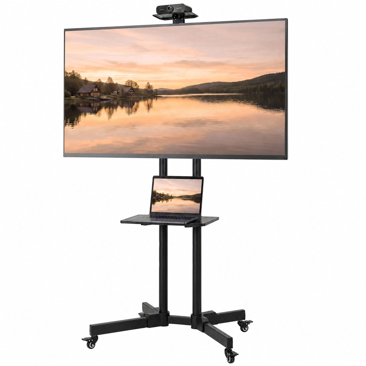 Mobile TV Stand on Wheels for 32-75 Inch Screens, Mobile TV Cart with Tilt, Height Adjustable, Locking Wheels, Camera Shelf & Media Shelf, Max VESA 400 x 600 mm, Black