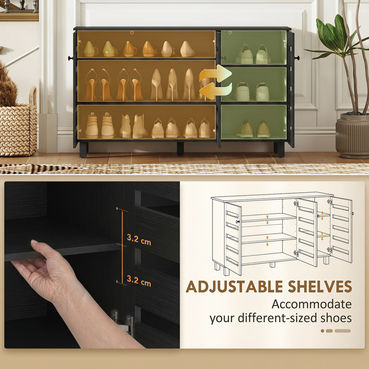 Shoe Cabinet, Shoe Storage Cabinet with 3 Slatted Doors, 3-tier Shelving Shoe Rack Cabinet with Adjustable Shelves for Entryway, Hallway, Living Room, Holds 15 Pairs, Black