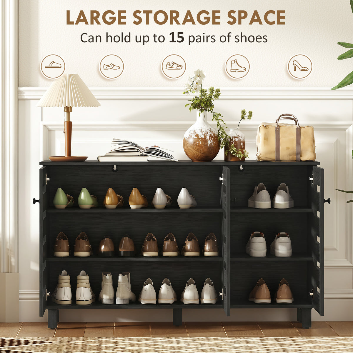 Shoe Cabinet, Shoe Storage Cabinet with 3 Slatted Doors, 3-tier Shelving Shoe Rack Cabinet with Adjustable Shelves for Entryway, Hallway, Living Room, Holds 15 Pairs, Black